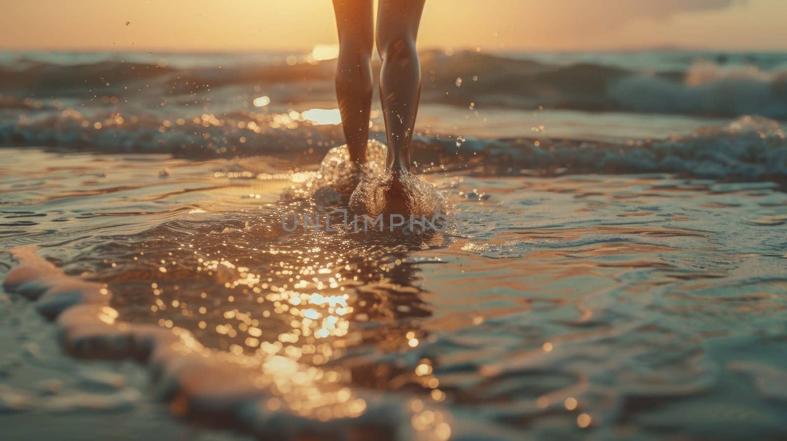 Person walking barefoot on the beach at sunset