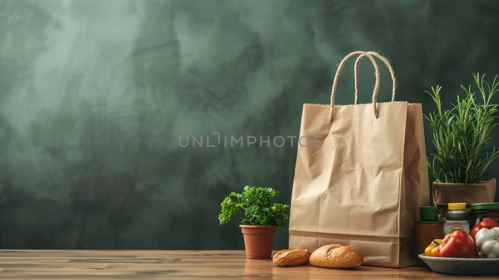 A brown paper bag with vegetables and bread on a table. The bag is placed in front of a potted plant and a bowl of food. Concept of freshness and abundance, as the vegetables and bread are healthy