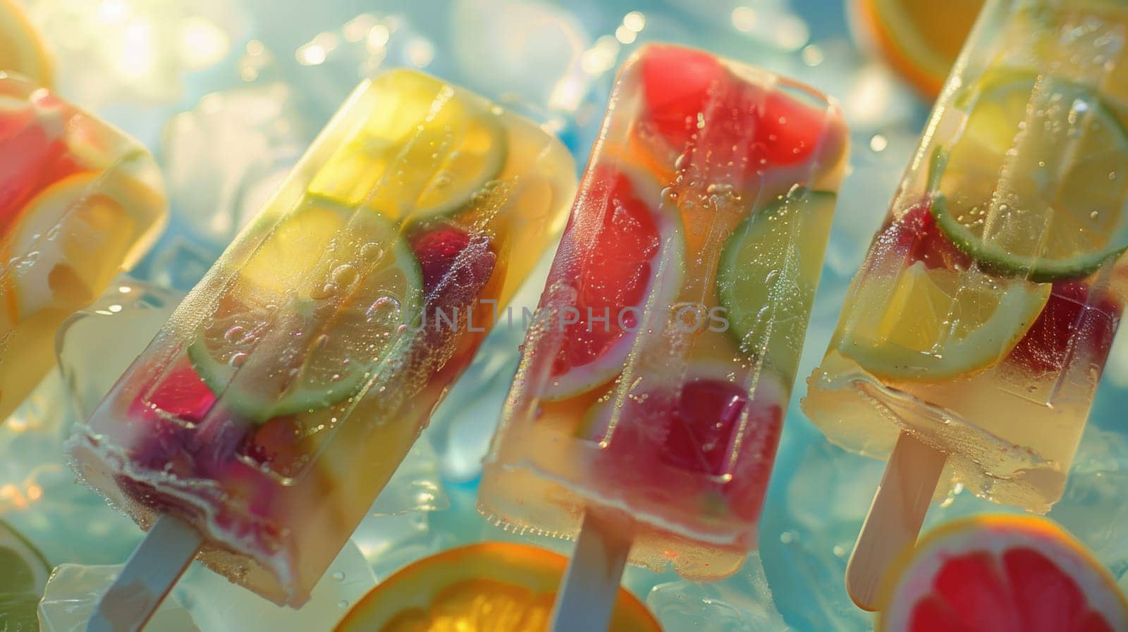 Colorful fruit popsicles on ice with slices of citrus.