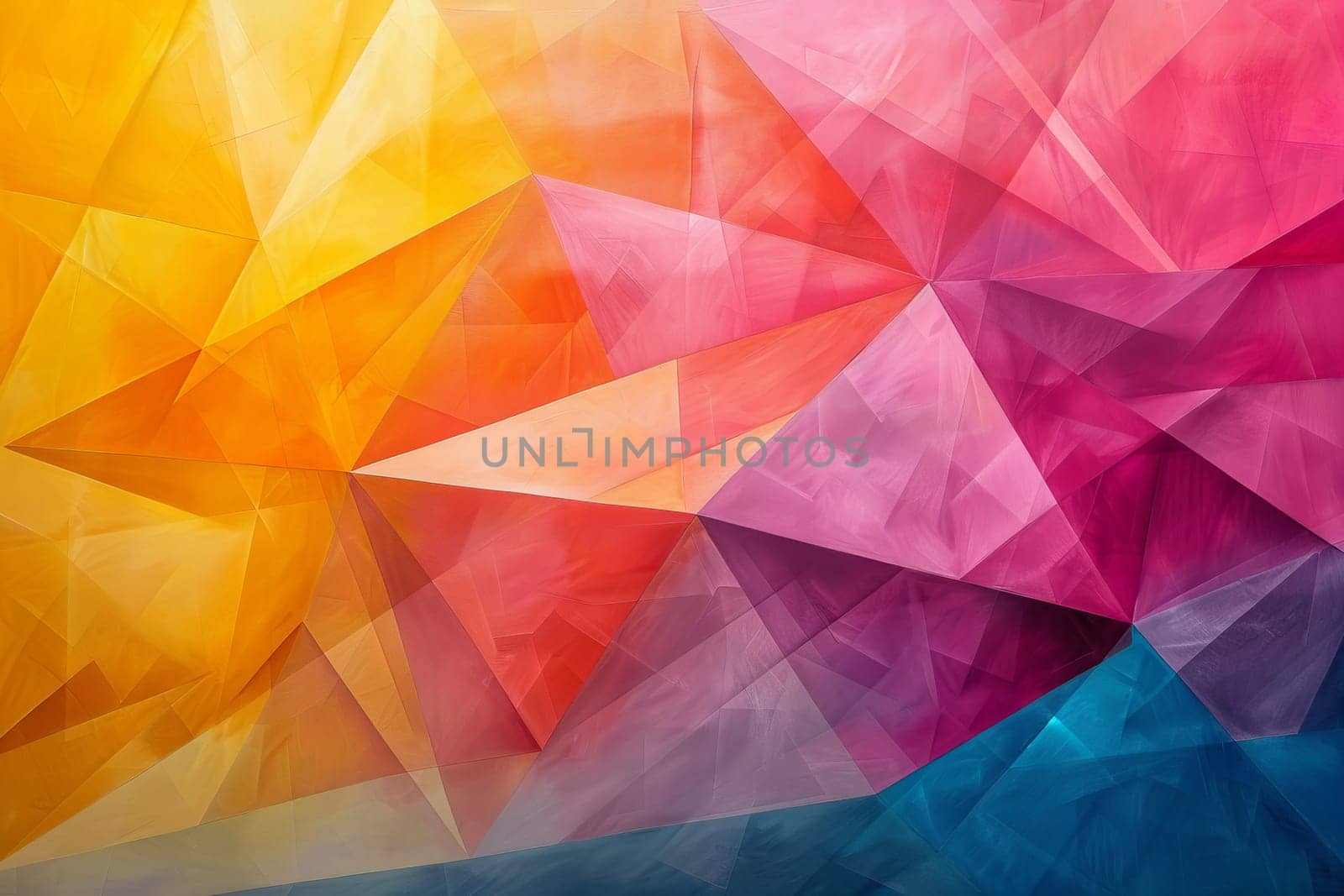 A colorful abstract painting with a lot of triangles and squares. The colors are bright and vibrant, creating a sense of energy and excitement