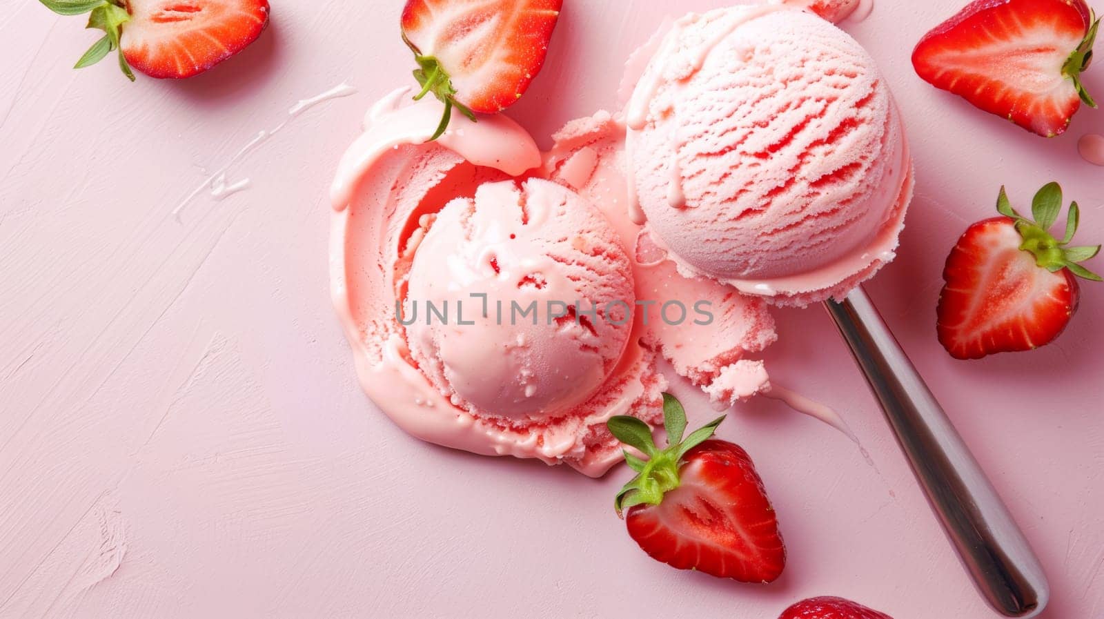 Two scoops of creamy vanilla ice cream topped with fresh strawberries are elegantly presented on a vibrant pink background. The strawberries glisten with moisture, contrasting beautifully against the rich white of the ice cream.