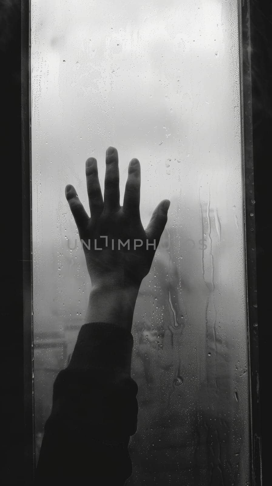 Hand pressed against a misted glass window