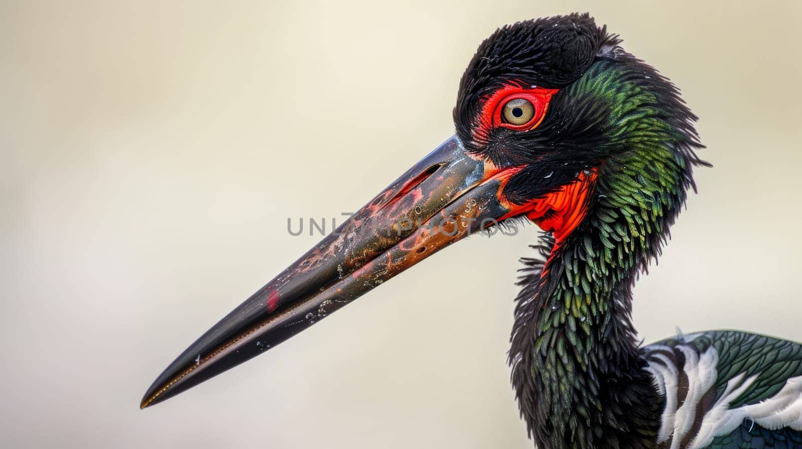 Close-up portrait of a black stork with vibrant red eye and iridescent feathers