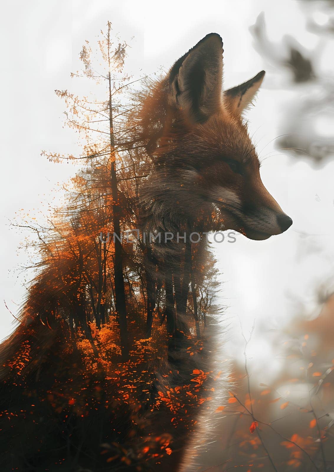 A carnivorous terrestrial animal, the fox, is portrayed in a double exposure with a natural landscape. Its snout resembles that of a dog breed, creating a mesmerizing painting