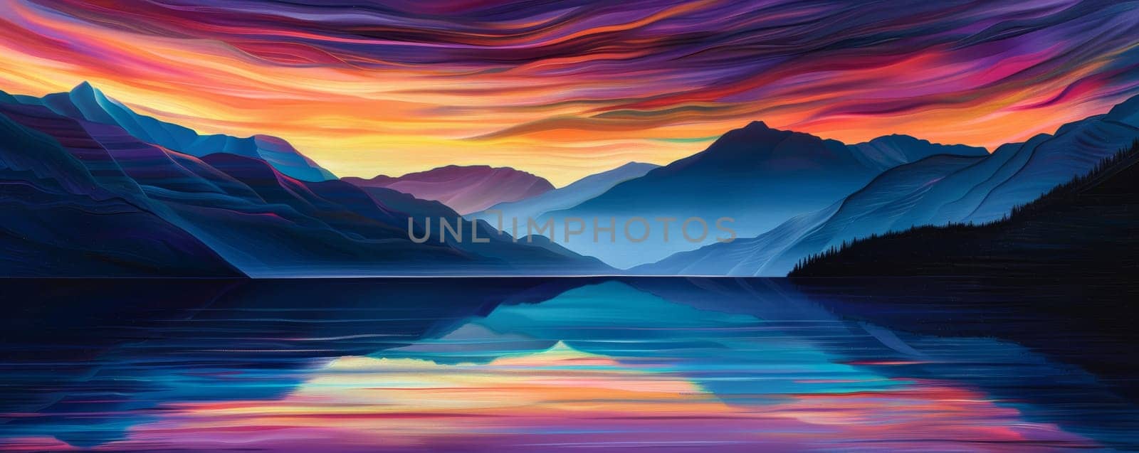 The painting depicts a serene lake nestled among towering mountains in the background. The calm waters of the lake reflect the vibrant colors of the surrounding landscape. Lush greenery and rocky terrain complete the picturesque scene.