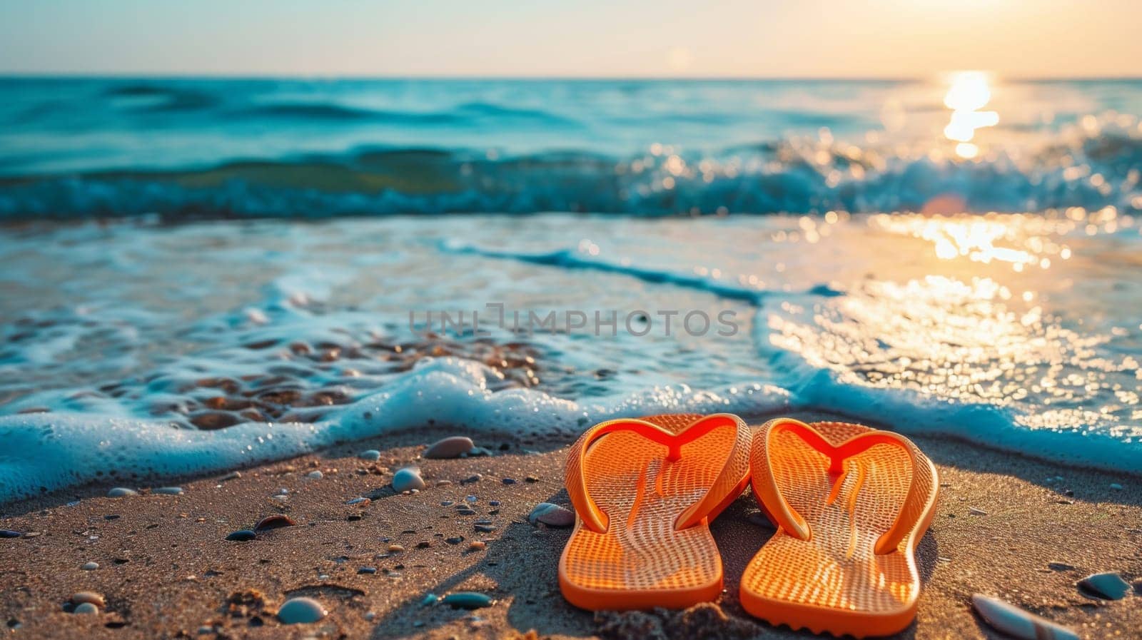 Orange flip flops on a sandy beach at sunset