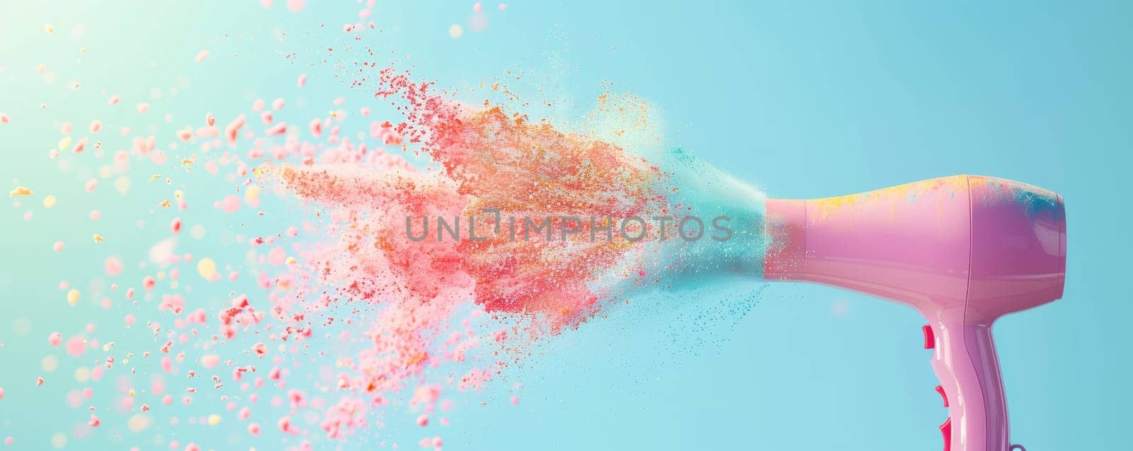 Pink hairdryer blowing colorful powder on blue background