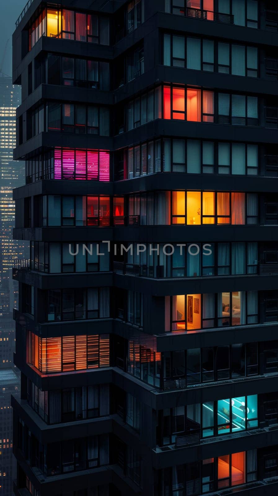Illuminated windows of a modern building at night
