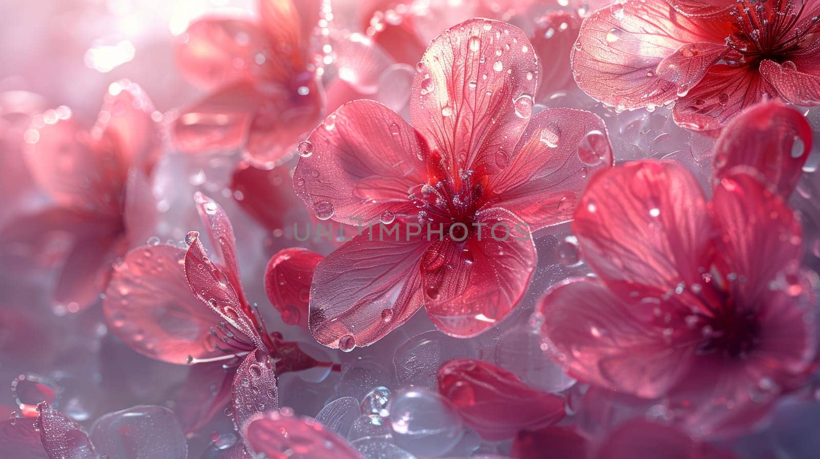 A cluster of pink flowers with delicate petals glisten under the sunlight as water droplets cling to their surfaces. The droplets create a mesmerizing effect, adding a refreshing touch to the vivid blooms.