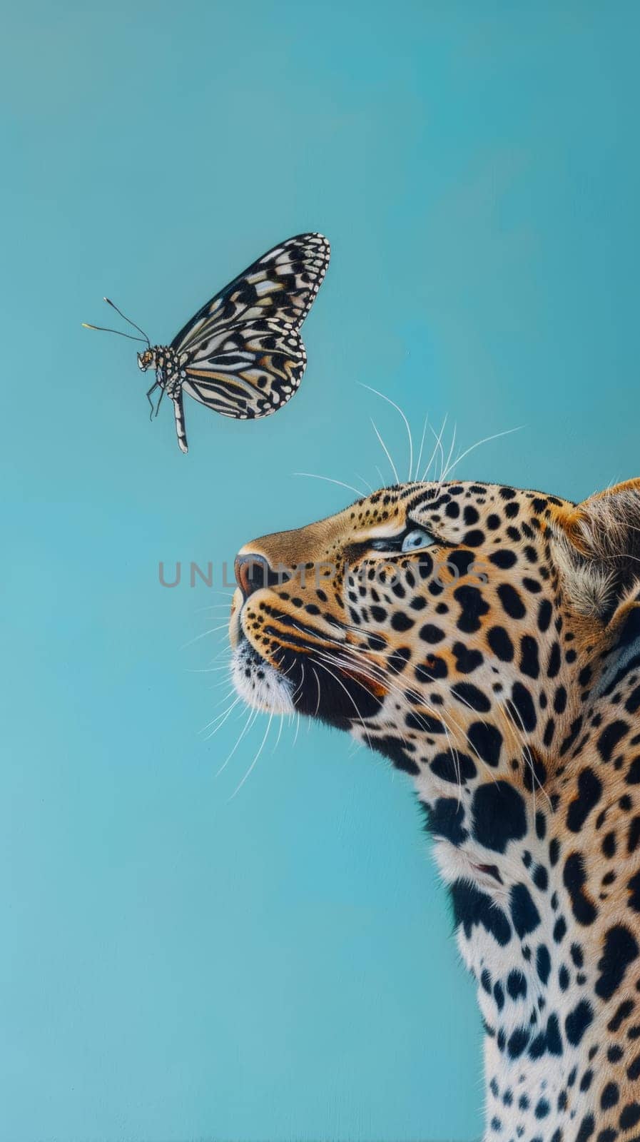 Butterfly Flying Next to Leopards Head.