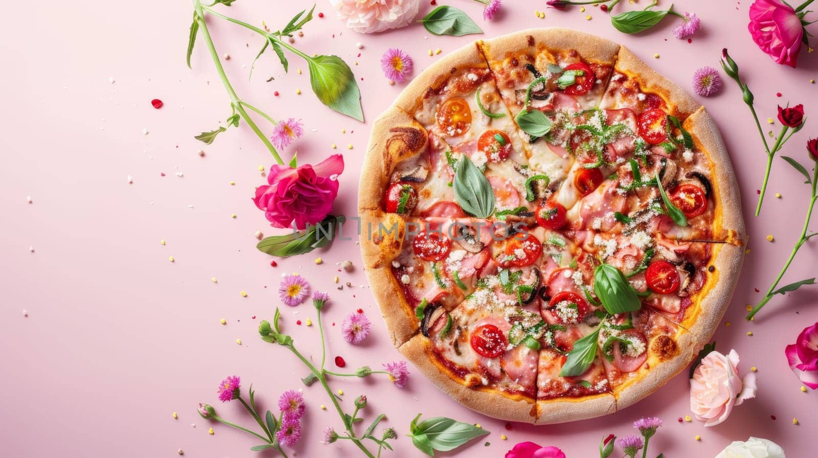 Pizza topped with flowers on pink background.