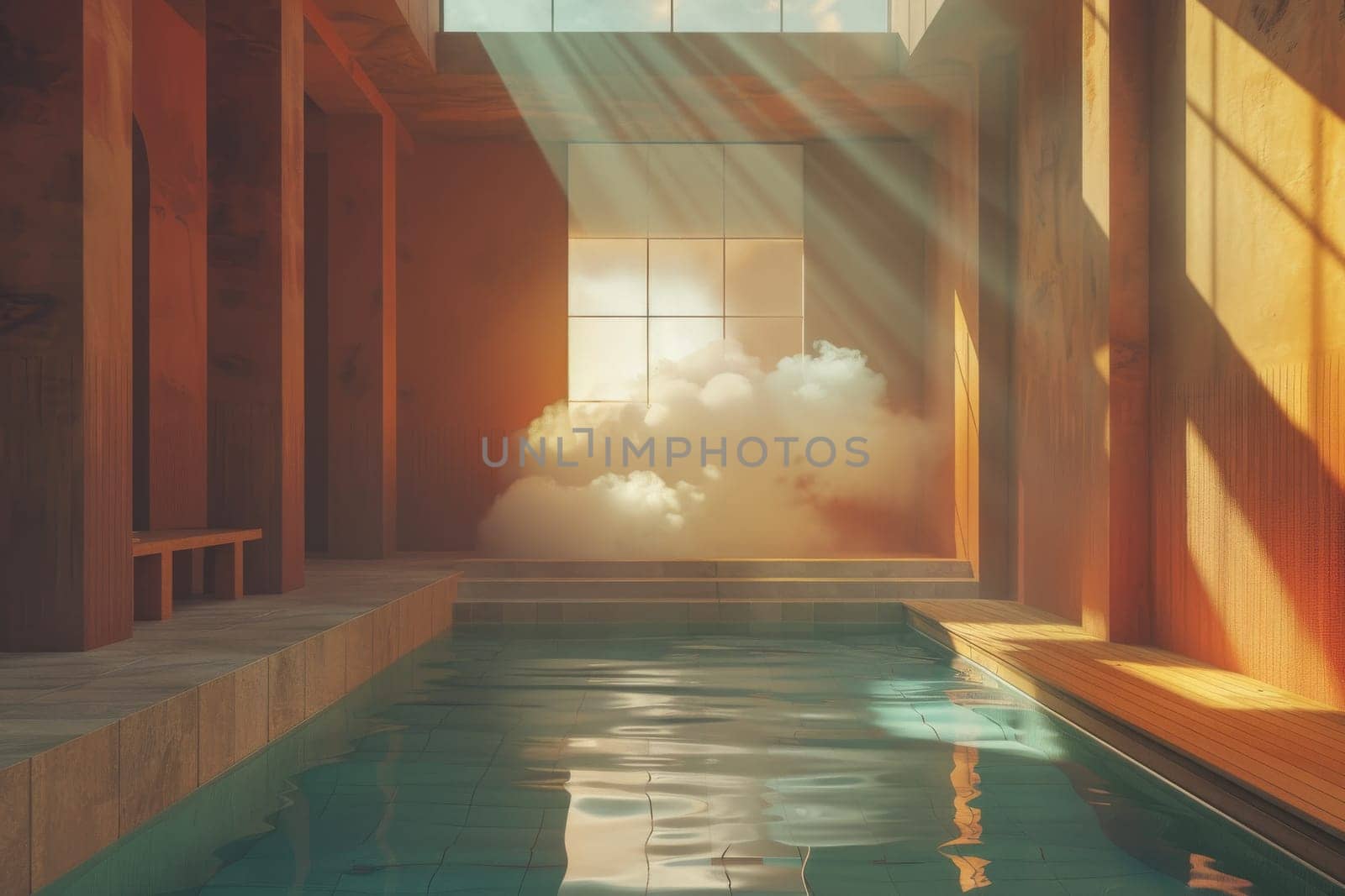 A pool with a cloud in the sky above it.