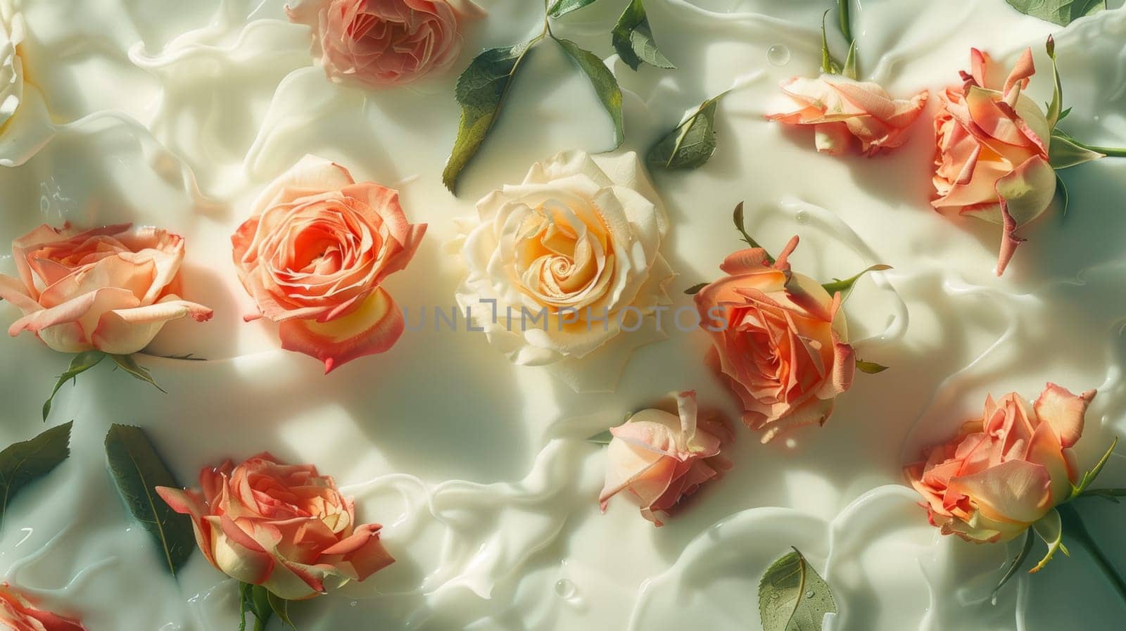 A pink roses float on the surface of milk-infused water.