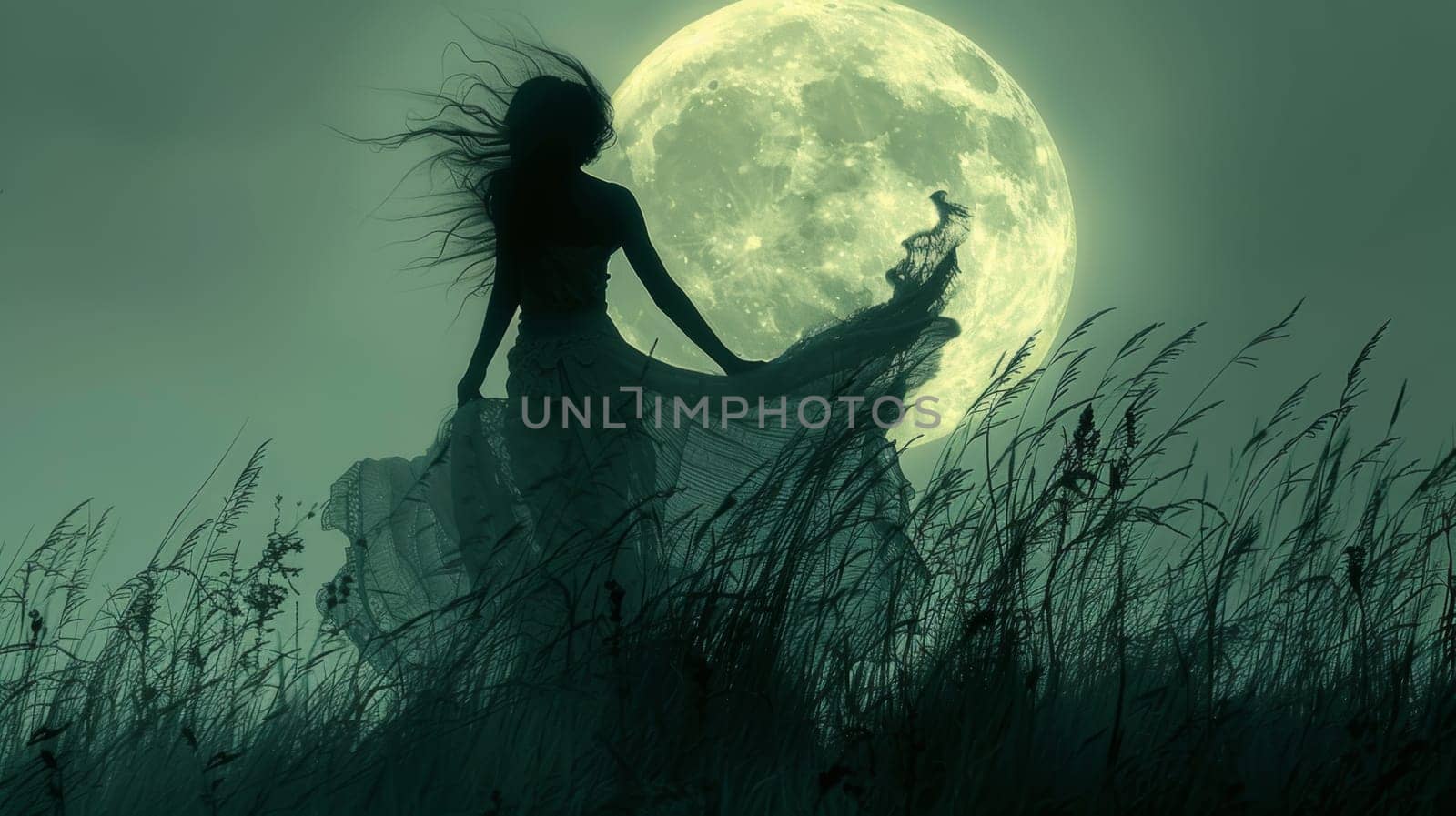Silhouette of a woman under a full moon in a field