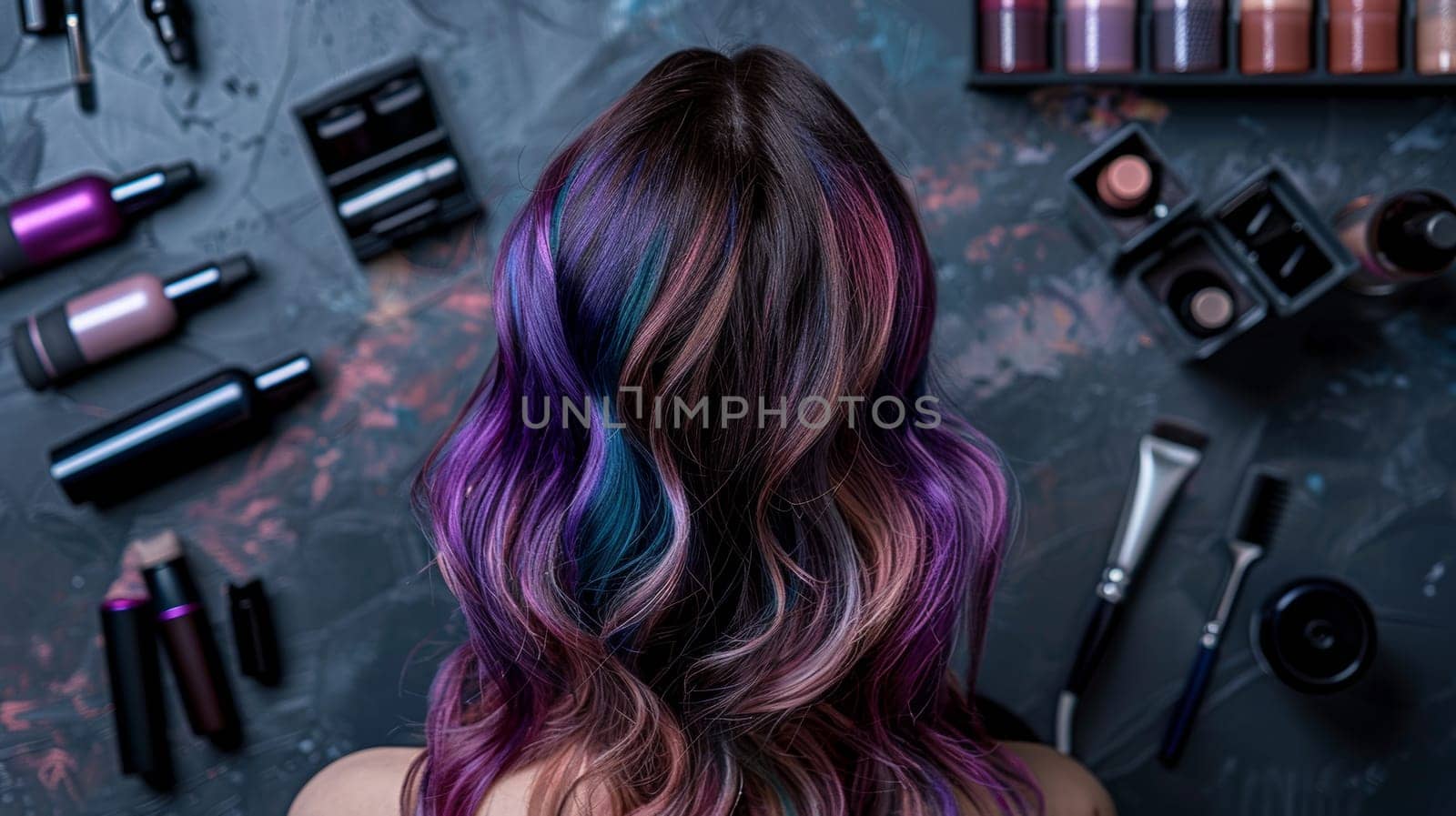Woman with colorful dyed hair sitting at makeup table