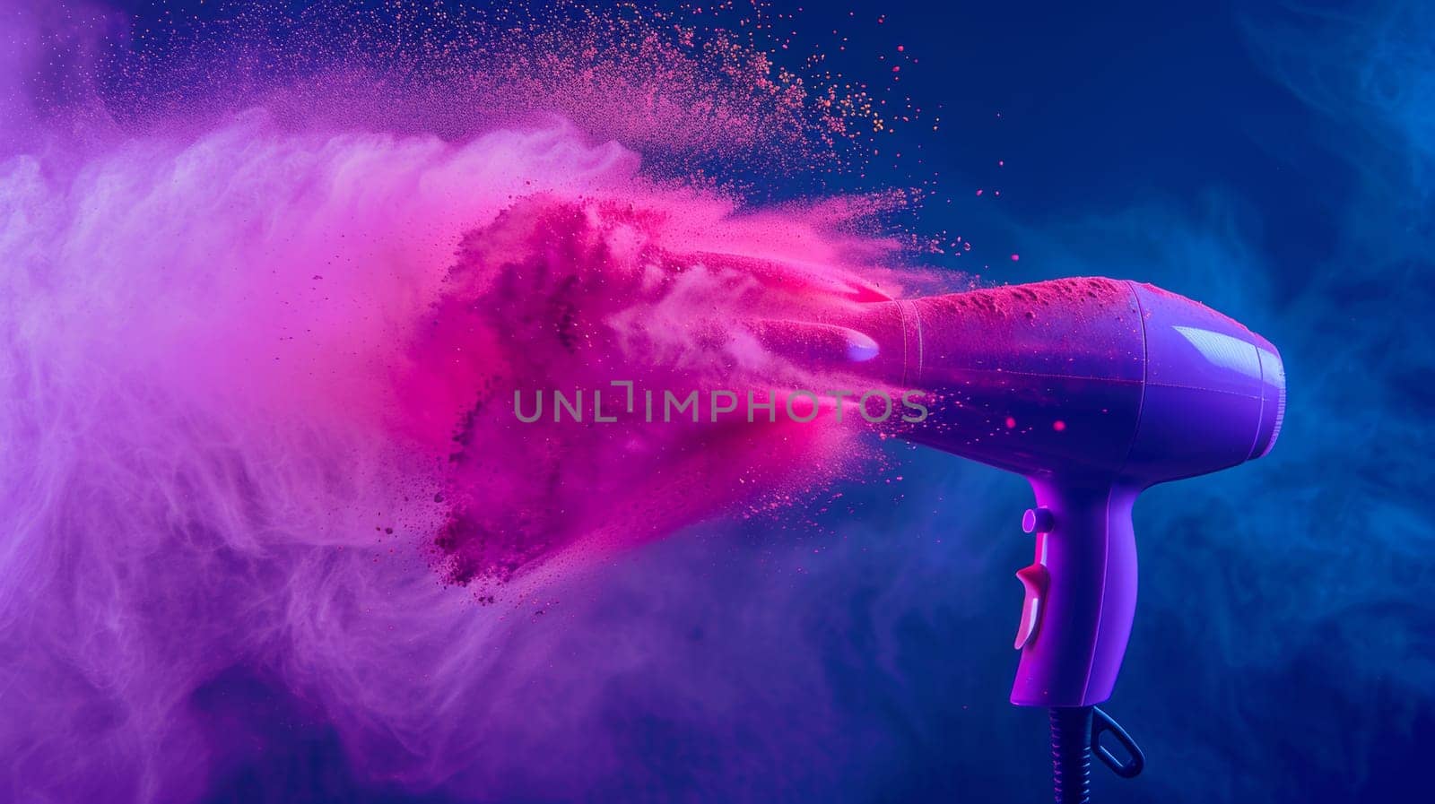 Pink powder exploding from a hair dryer on a blue background