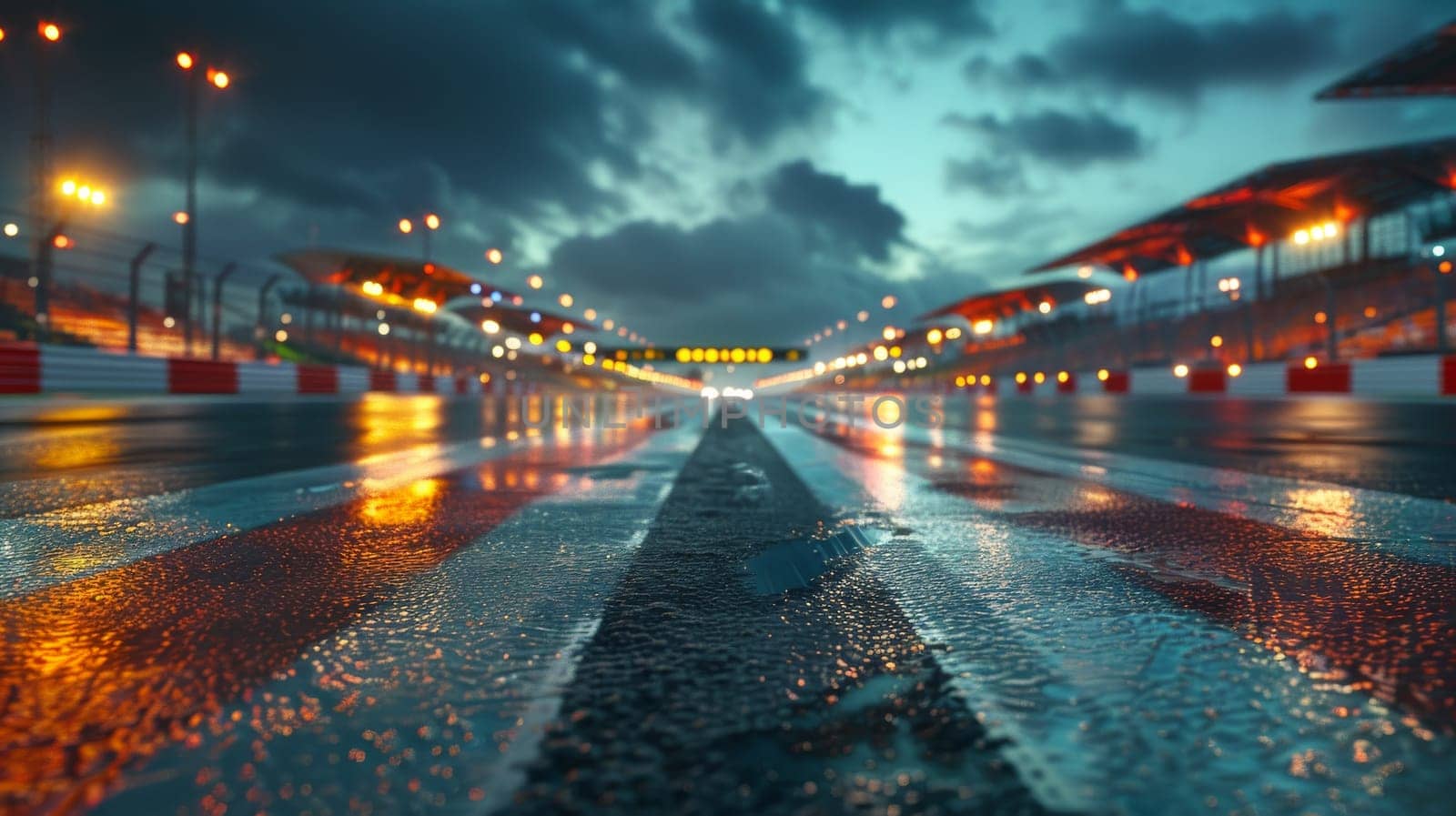 A racetrack with a wet track and a dark sky.