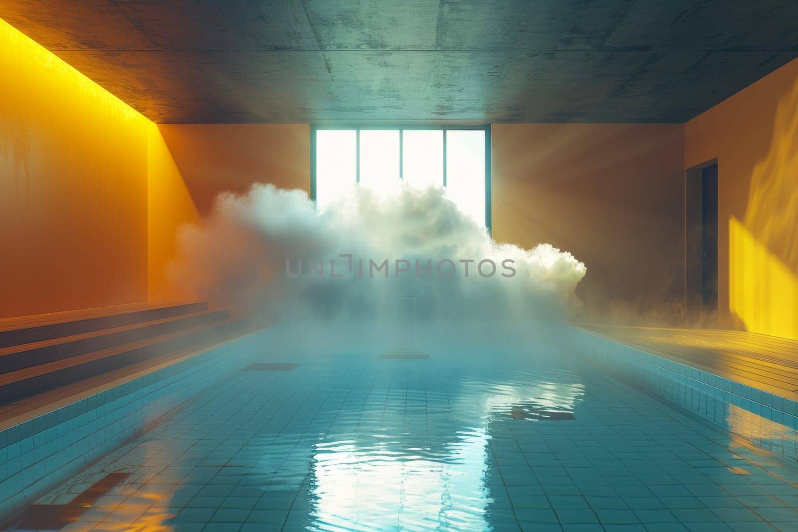 A cloud of steam is rising from a pool, creating a misty atmosphere. The room is dimly lit, with a single window letting in a soft, warm light. Concept of relaxation and tranquility