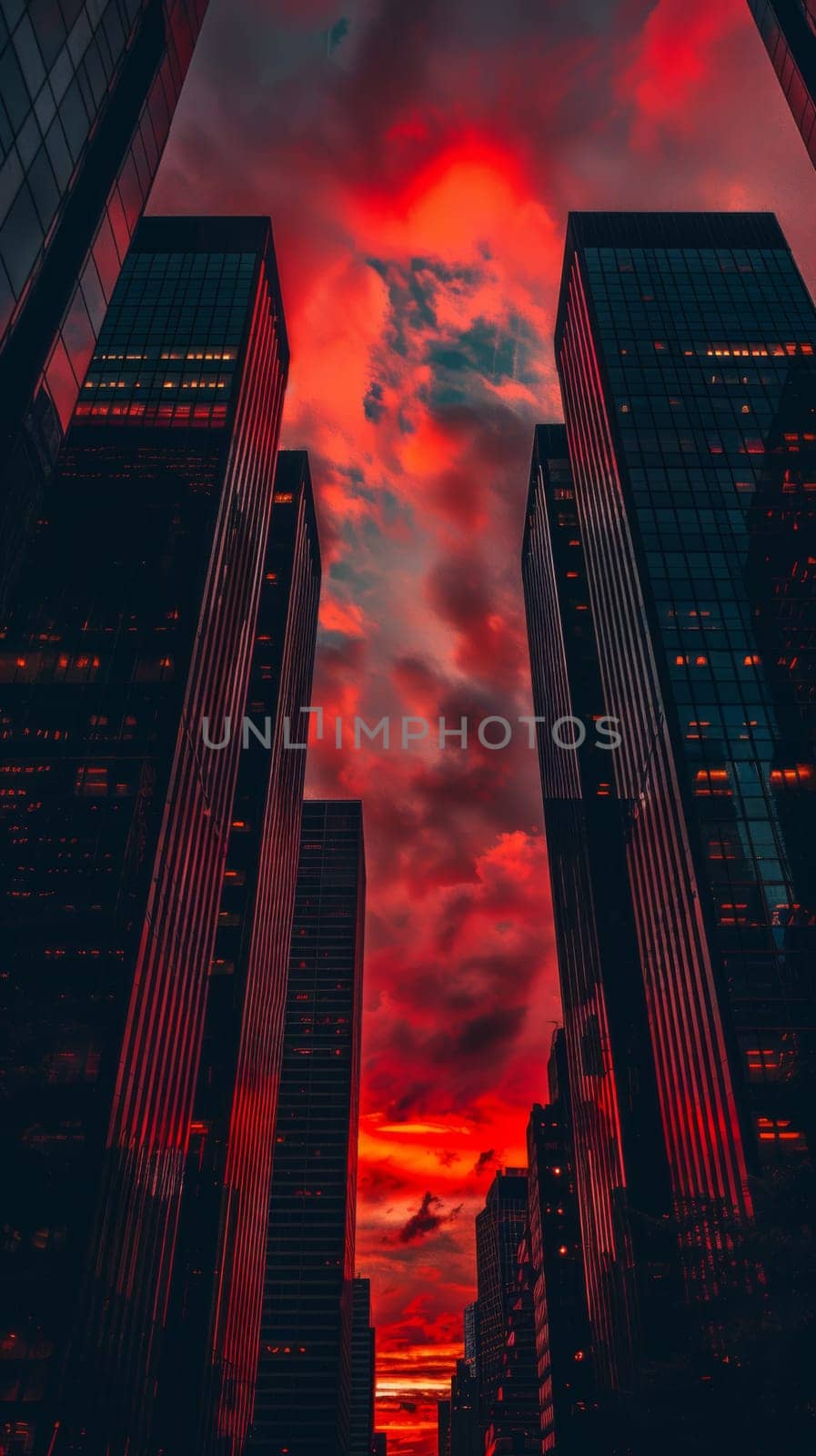 Dramatic red sunset between tall urban skyscrapers