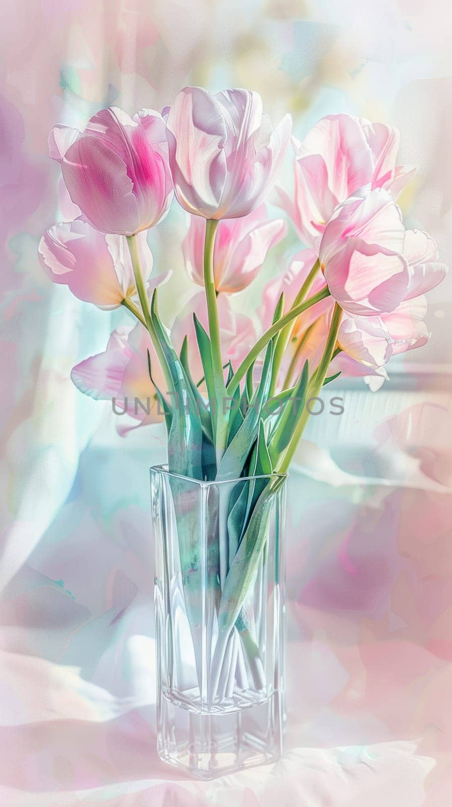 Watercolor pink tulips in a vase.