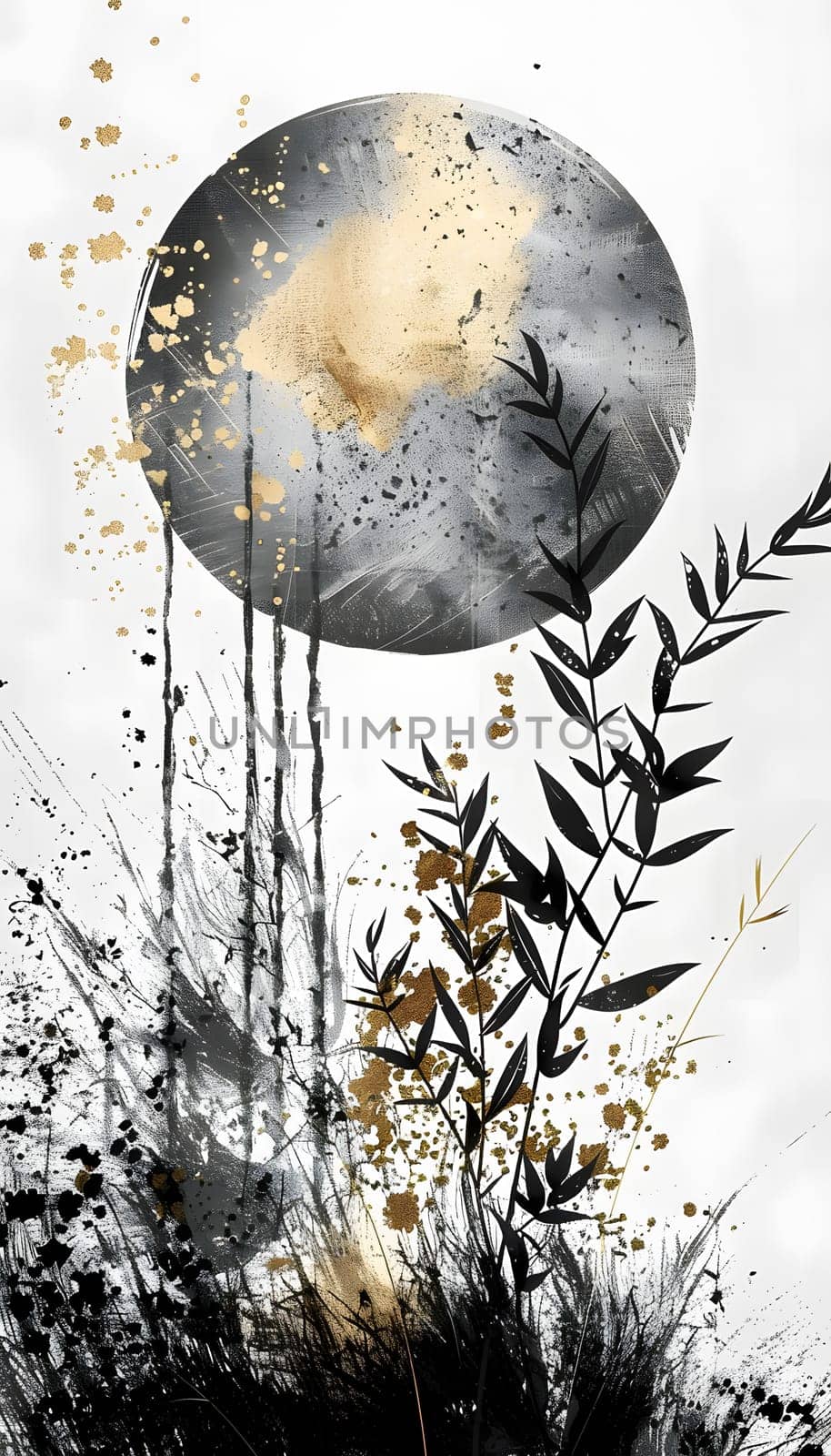 A stunning black and gold painting of a circle with decorative leaves, inspired by nature and art, set against a clean white background
