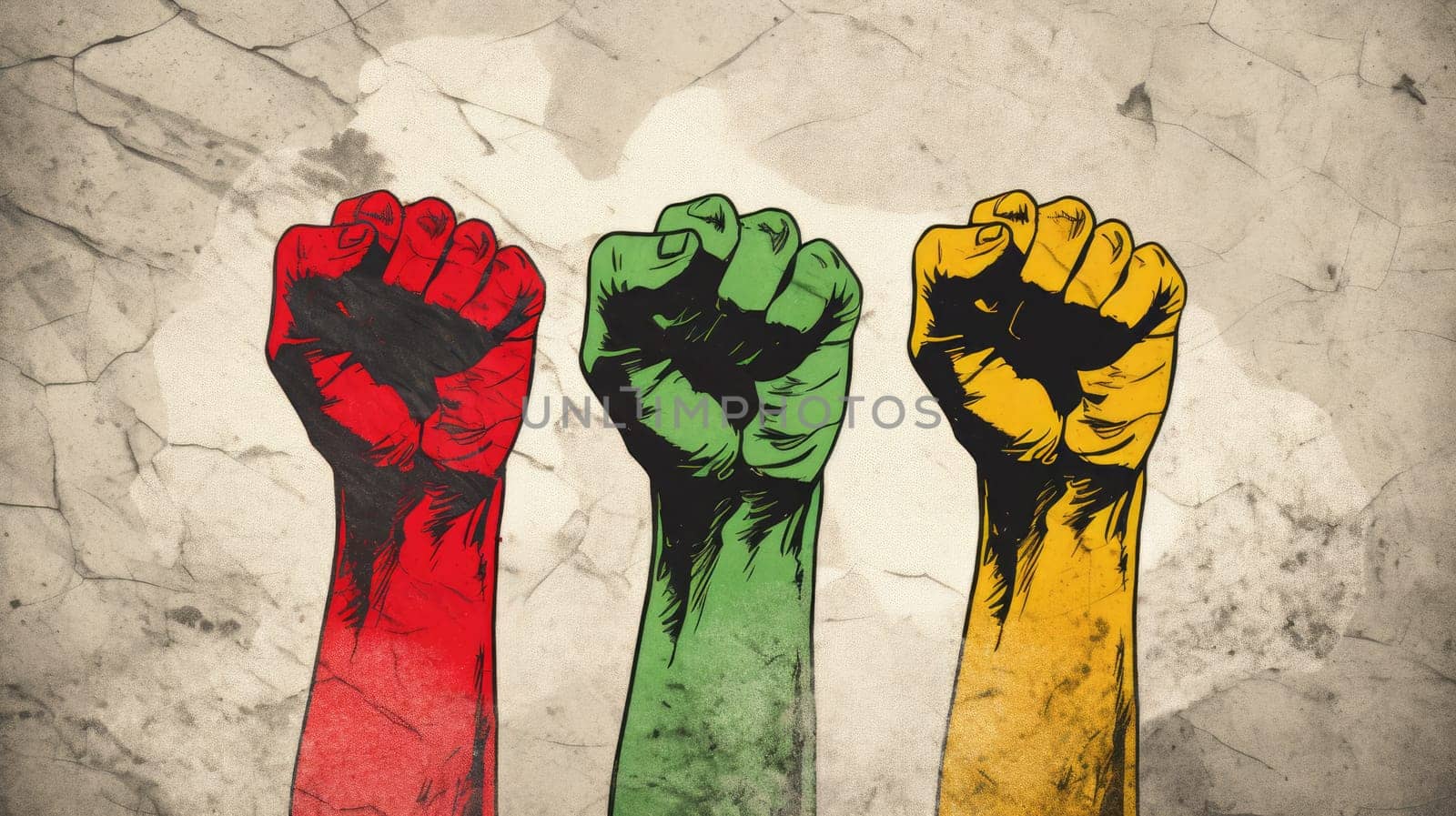 Raised fists drawing on stone wall in the colors yellow, green, and red. Juneteenth Freedom and African liberation day. Black life matters. Black history month