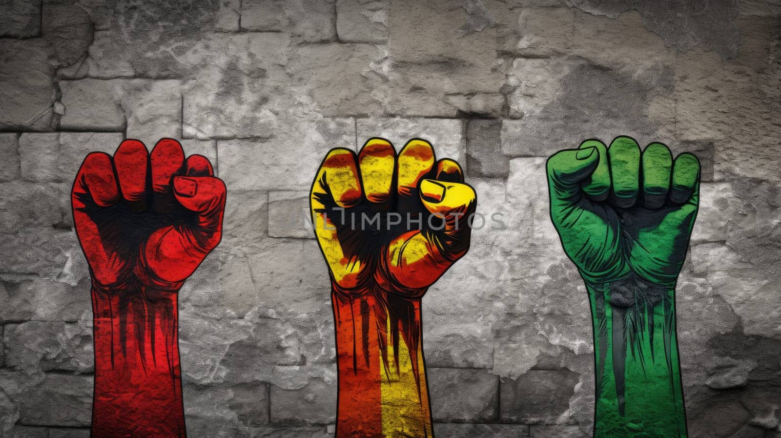 Raised fists drawing on stone wall in the colors yellow, green, and red. Juneteenth Freedom and African liberation day. Black life matters. Black history month