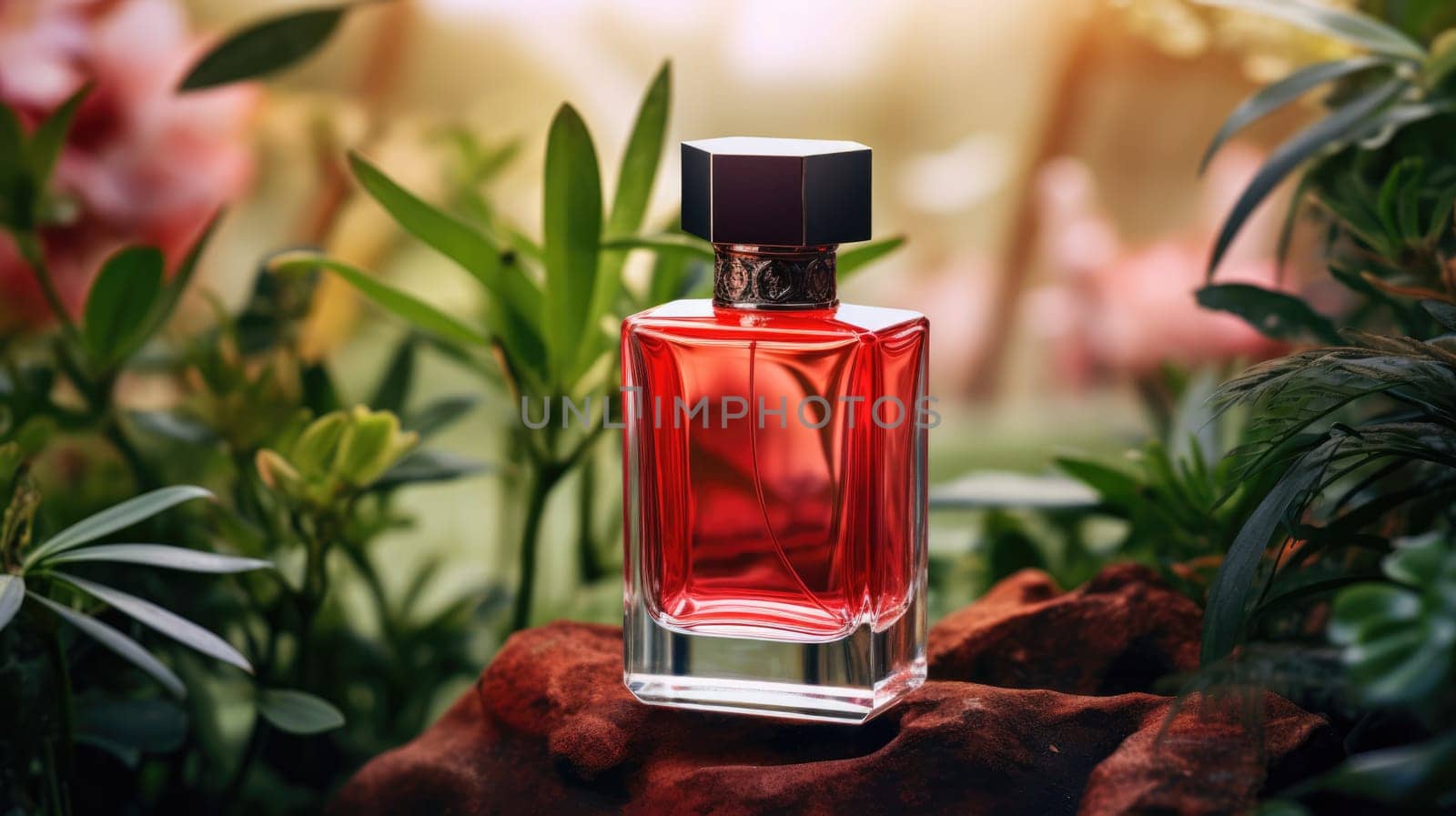 Transparent red glass perfume bottle mockup with plants on background. Eau de toilette. Mockup, spring flat lay. by JuliaDorian