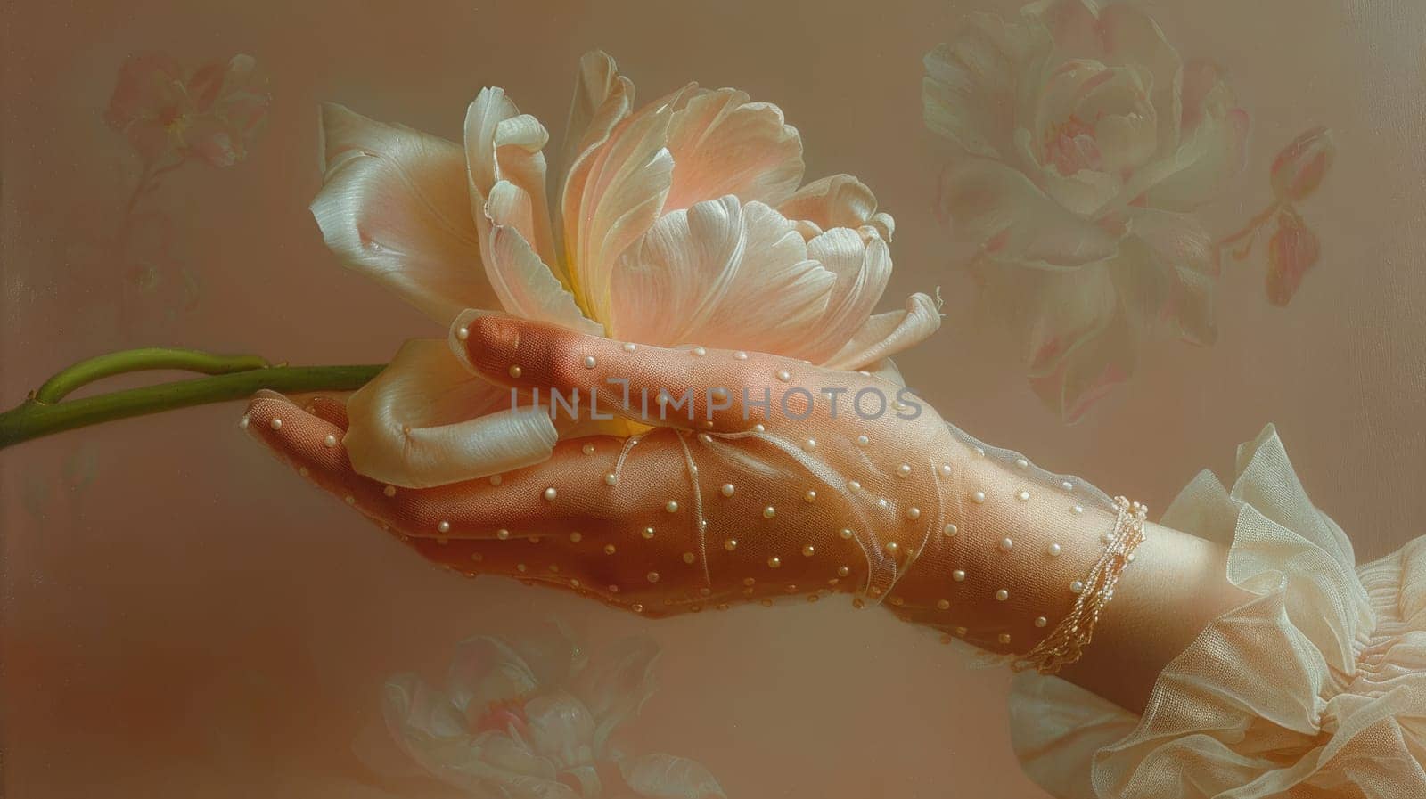 Elegant hand holding a blooming flower with a softly blurred floral background