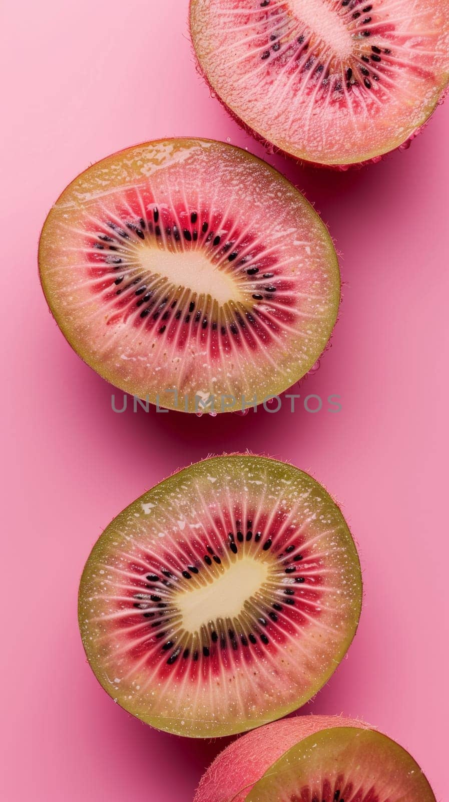 A kiwi fruit cut in half, showcasing the green flesh and black seeds, placed on a vibrant pink background.