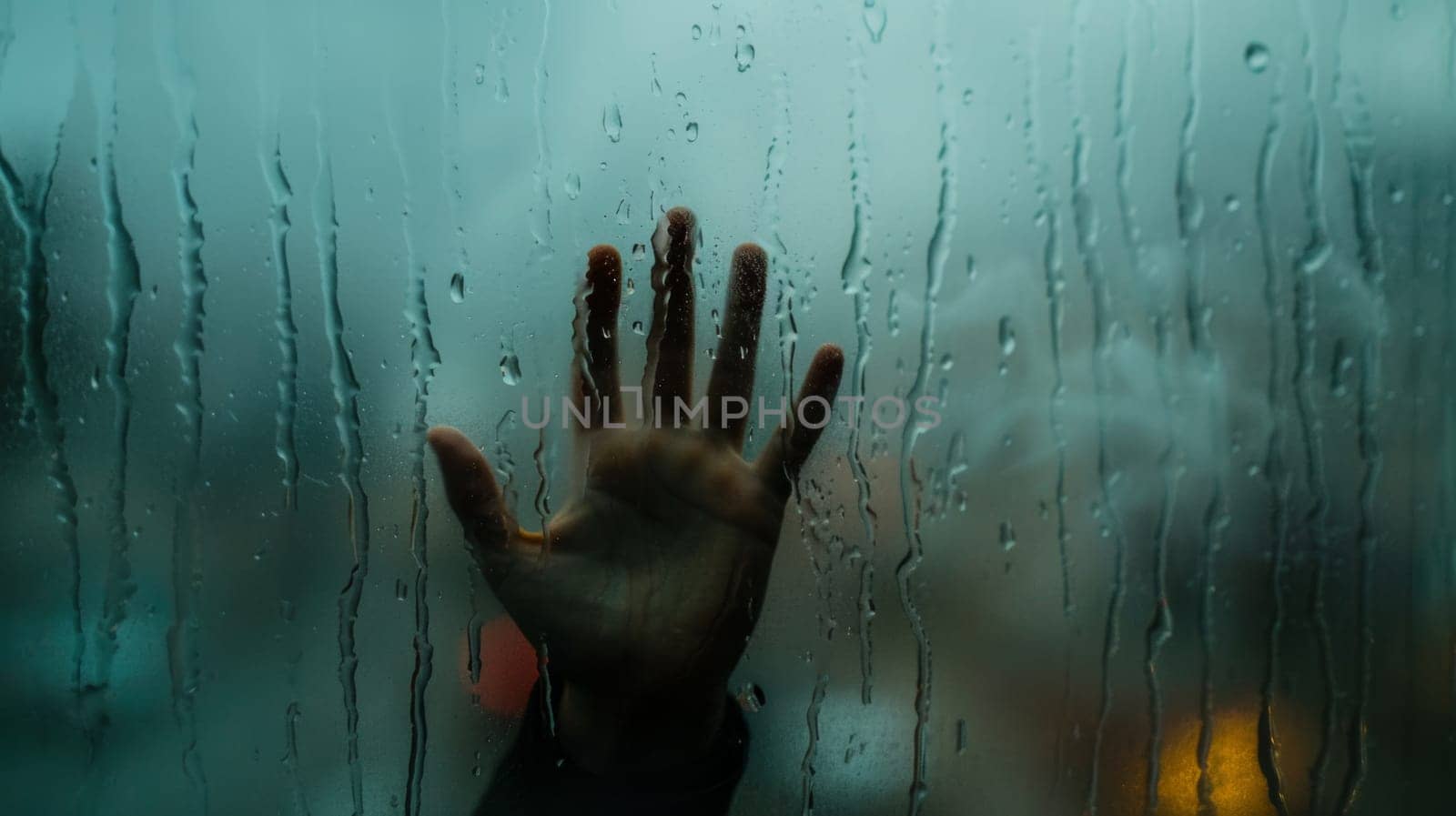 Silhouette of a hand pressing against a rain-drenched window