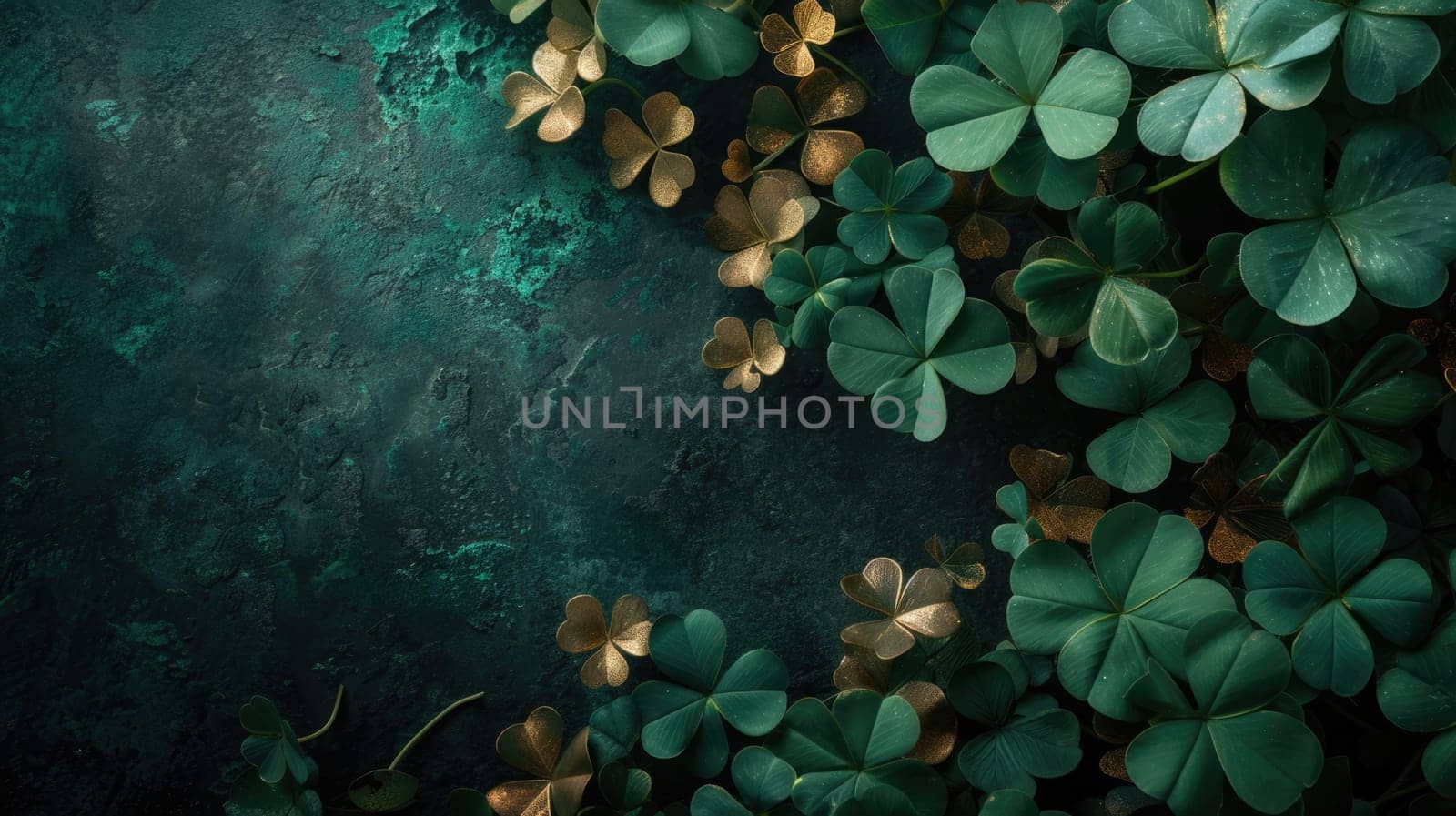 Delicate dewdrop on a lush green four-leaf clover in the morning sun. Natural floral background with copy space. Selective focus. Blurred background with beautiful bokeh.