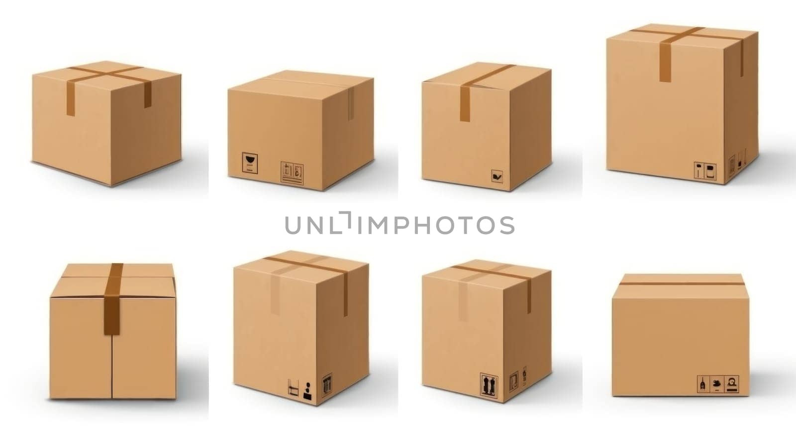 A set of cardboard boxes with different sizes and shapes. The boxes are all brown and have a white background