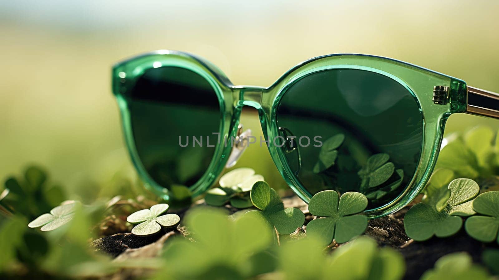 Fashionable Vintage Brown Sunglasses on Top of Lush Four-Leaf Clovers Field Under the Sunlight. St Patricks Day by JuliaDorian
