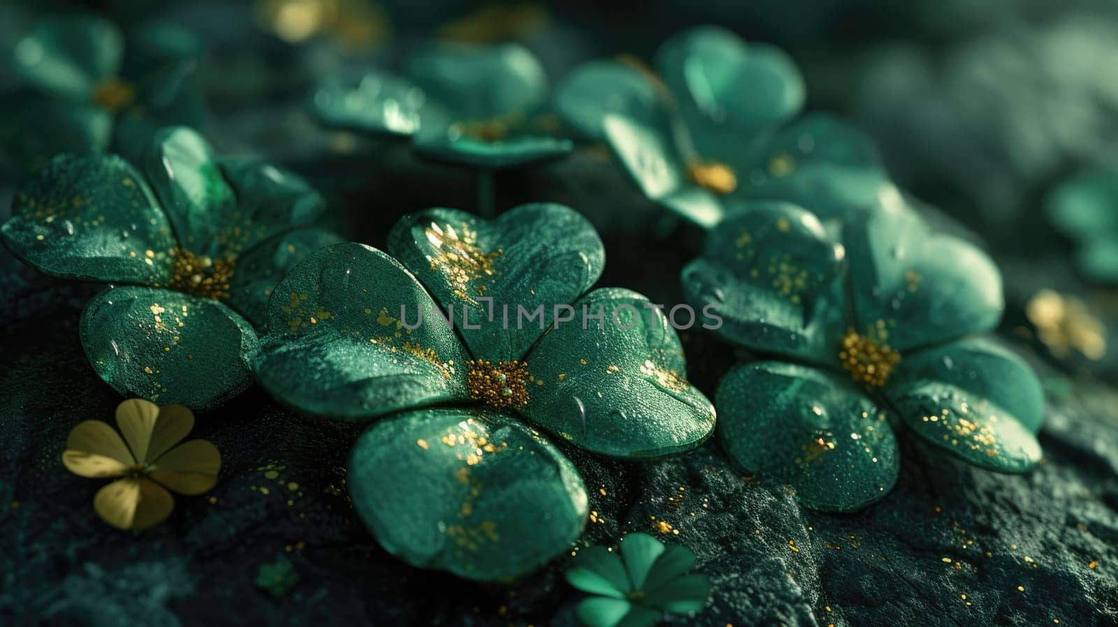 Delicate dewdrop on a lush green four-leaf clover in the morning sun. Natural floral background with copy space. Selective focus. Blurred background with beautiful bokeh.