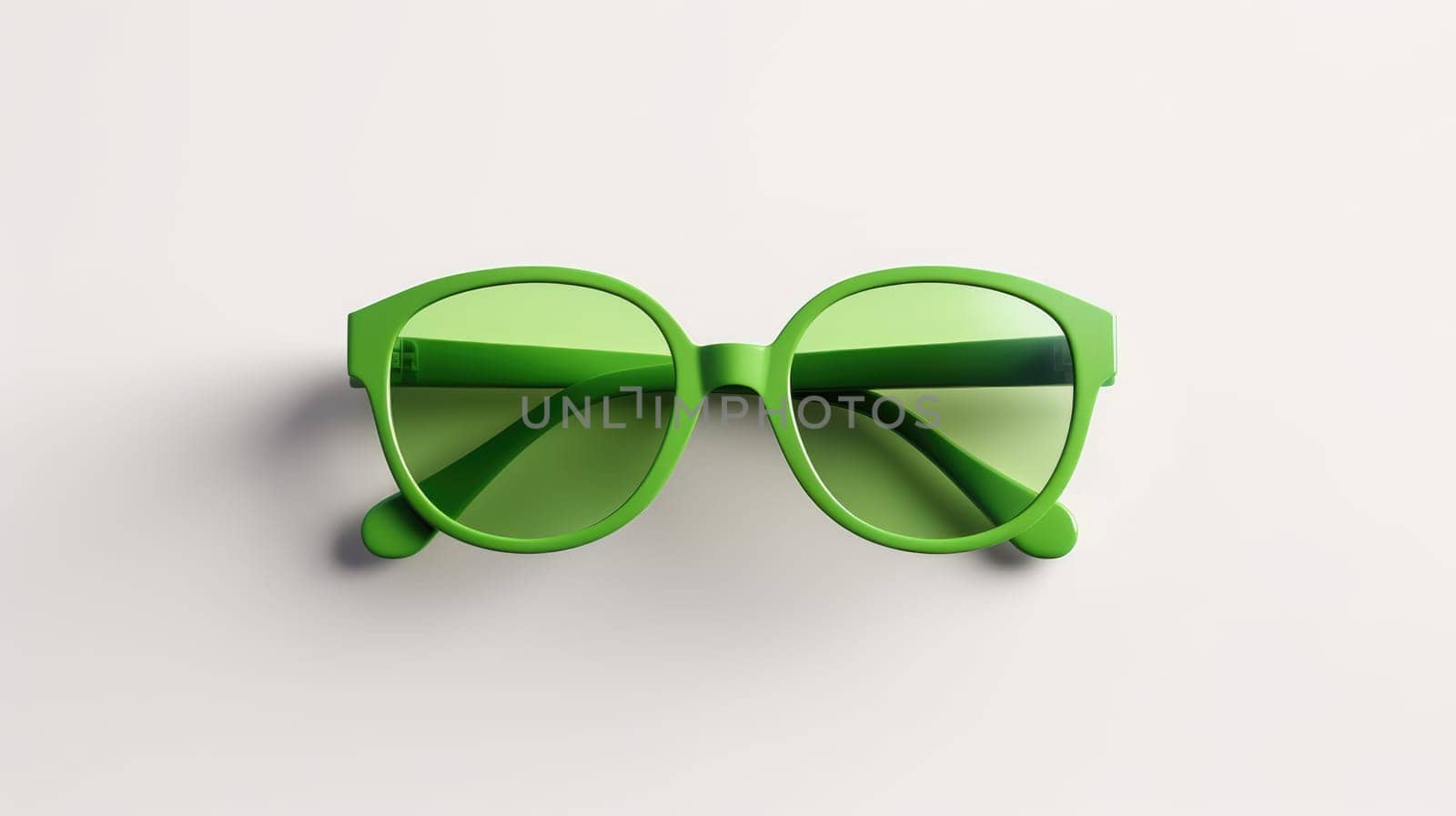 These stylish brown retro sunglasses with circular frames rest elegantly on a bed of vibrant green four-leaf clovers, basking in the warm glow of the sunlight in a picturesque scene.