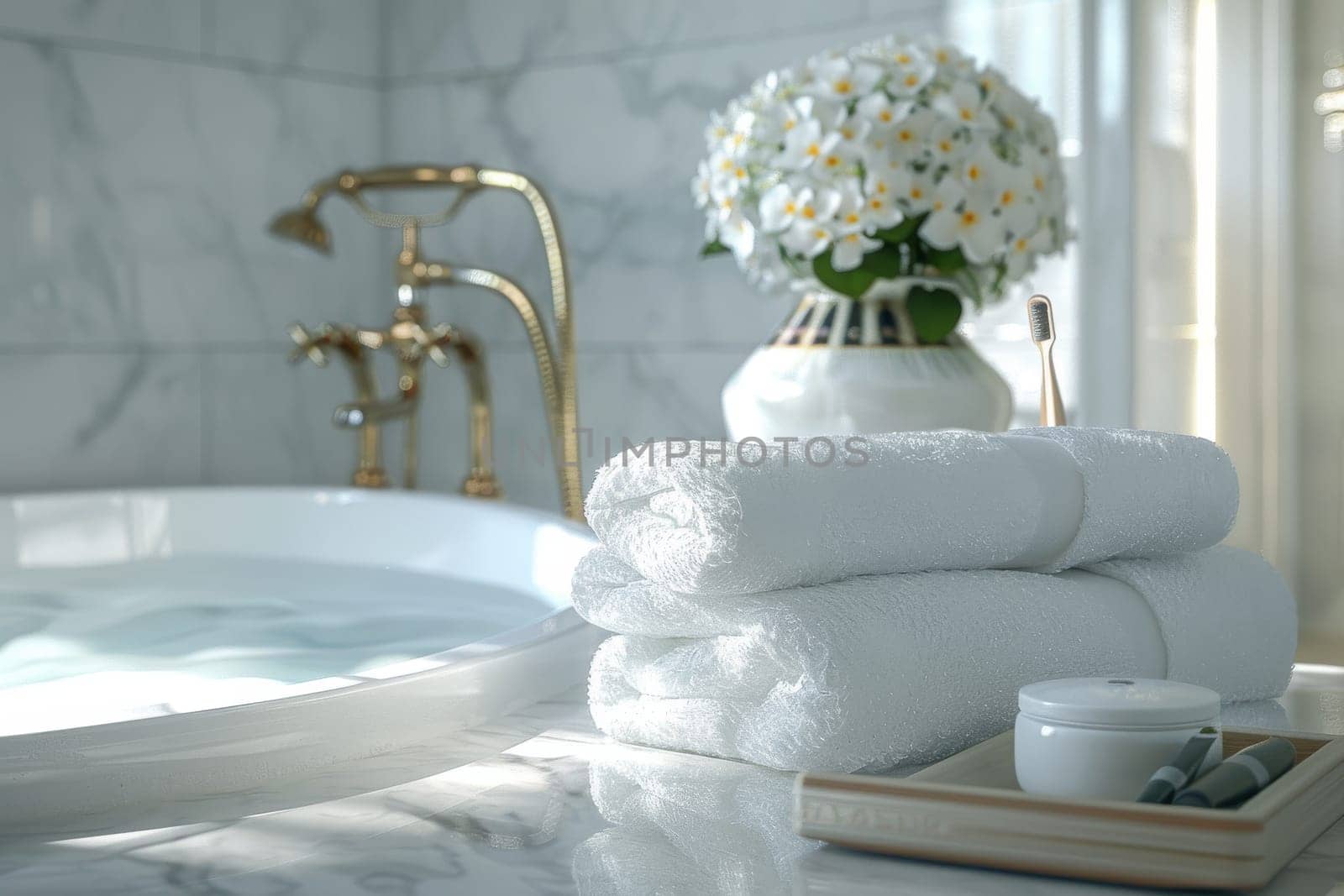 A bathroom with a bathtub, a vase with flowers, and a tray with a toothbrush and toothpaste