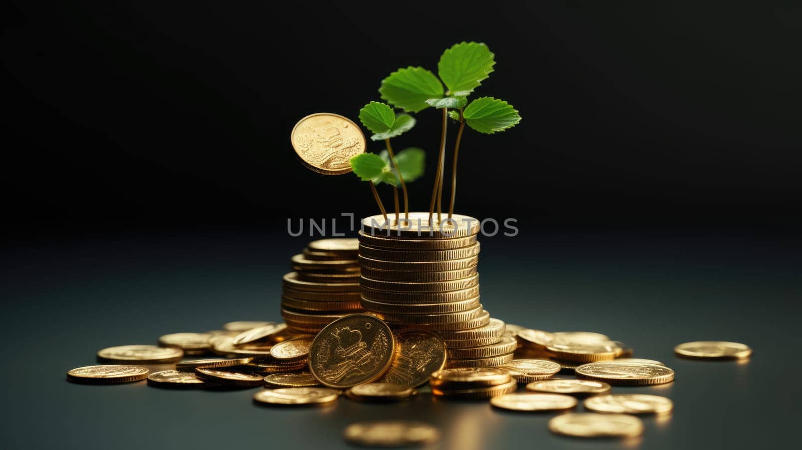 A vibrant four-leaf clover symbolizes good fortune on top of stack of gold coins. The coins encircle the clover, enhancing its charm against a dramatic black backdrop, evoking luck and prosperity.