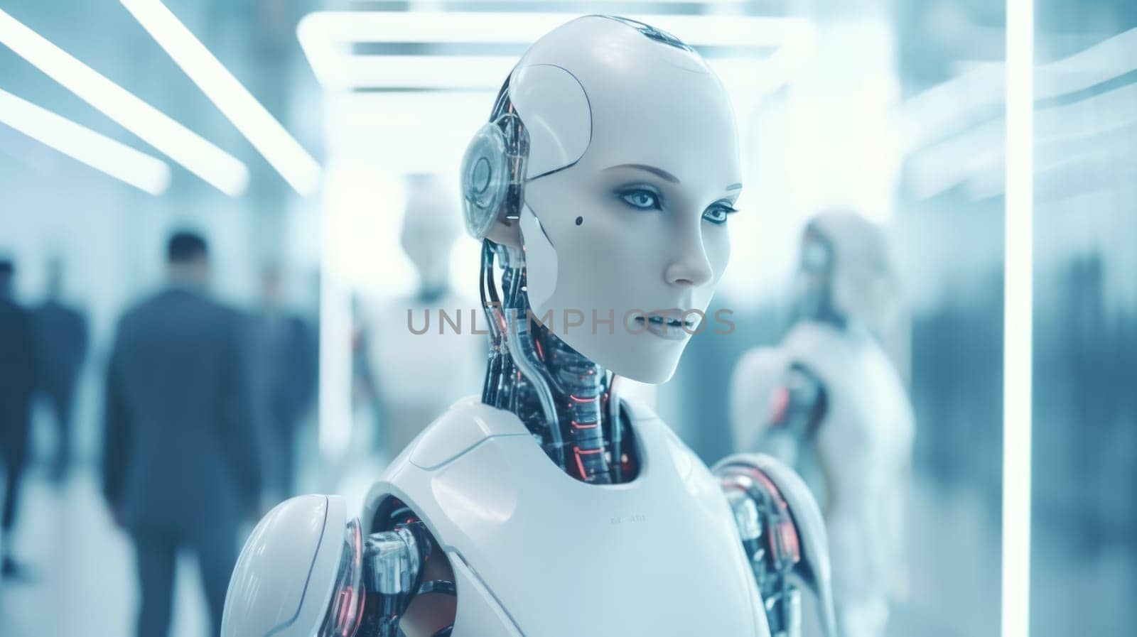 Futuristic female robot using in a modern technological environment.