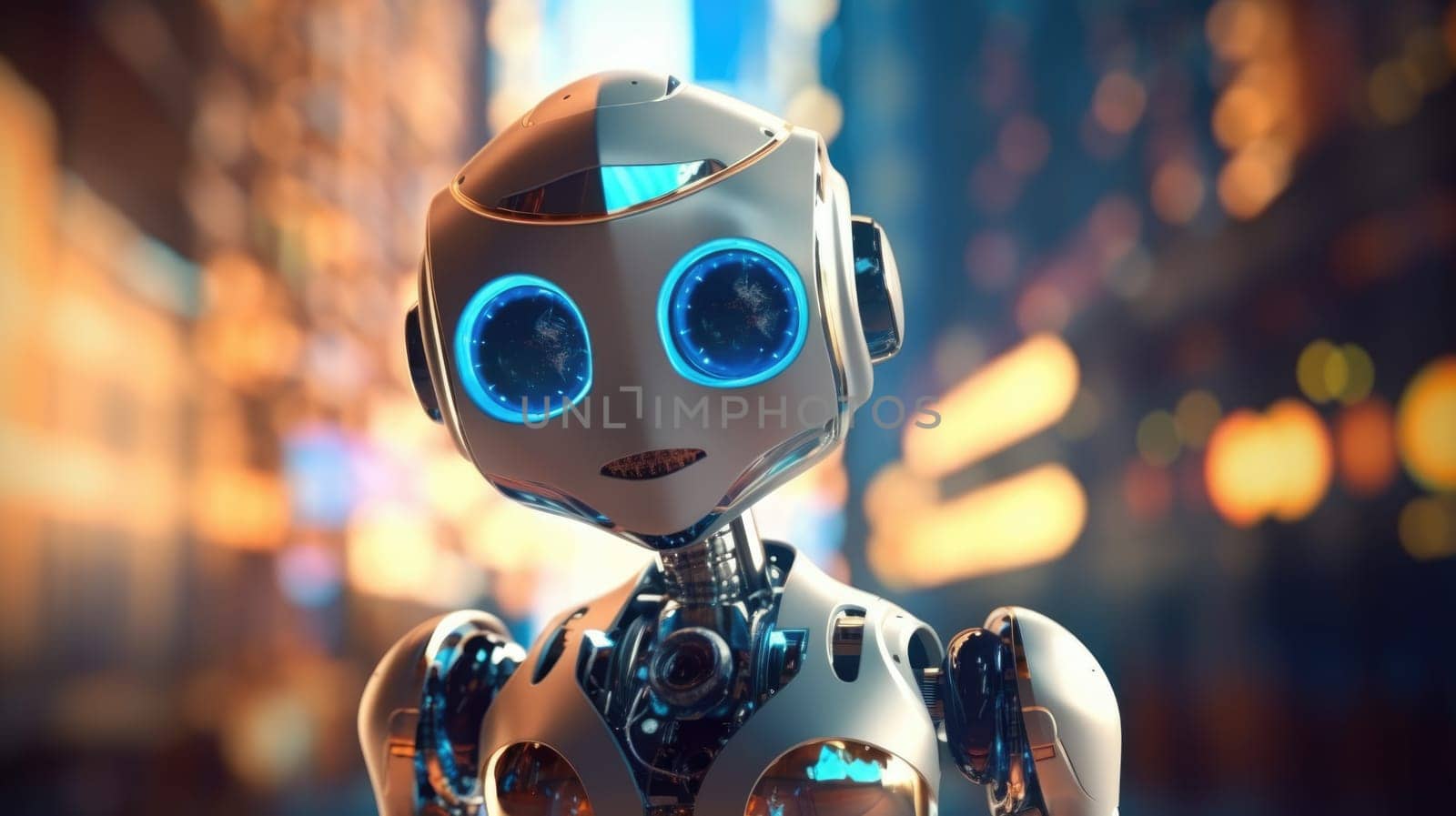 Adorable blue robot with a friendly smile holding a modern digital tablet. Space for text