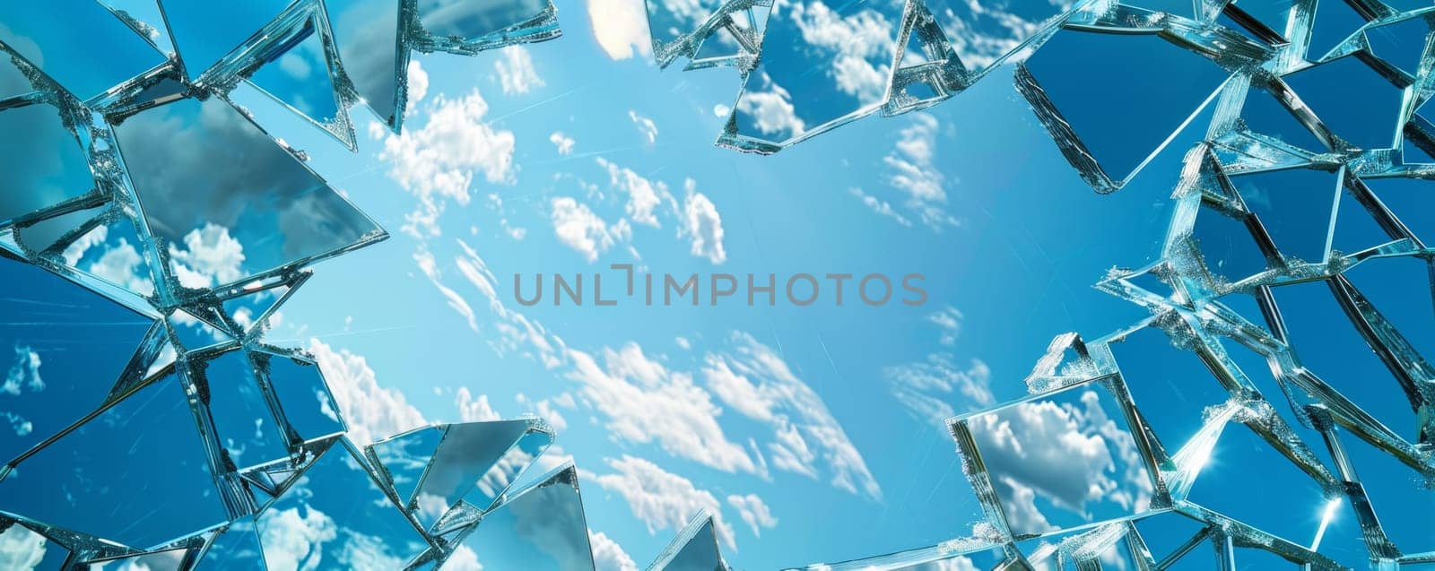 A blue sky with clouds is reflected in a shattered glass window, creating a fractured and distorted mirror image of the sky above. The glass shards scatter light and colors, adding a sense of disarray and contrast to the peaceful sky.