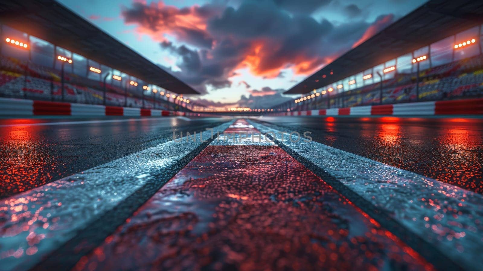 A race track with a red line on the ground. The track is wet and the sky is cloudy