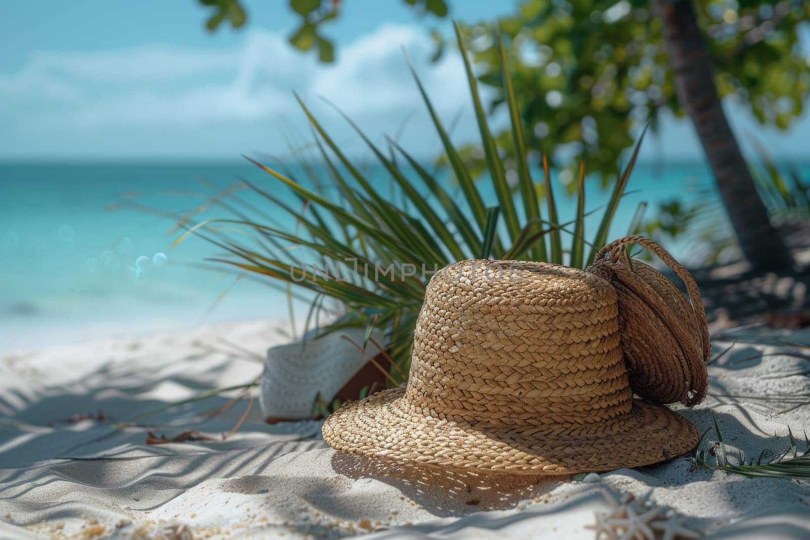 A straw hat is laying on the sand next to a book. The scene is peaceful and relaxing, with the hat and book suggesting a leisurely day spent on the beach