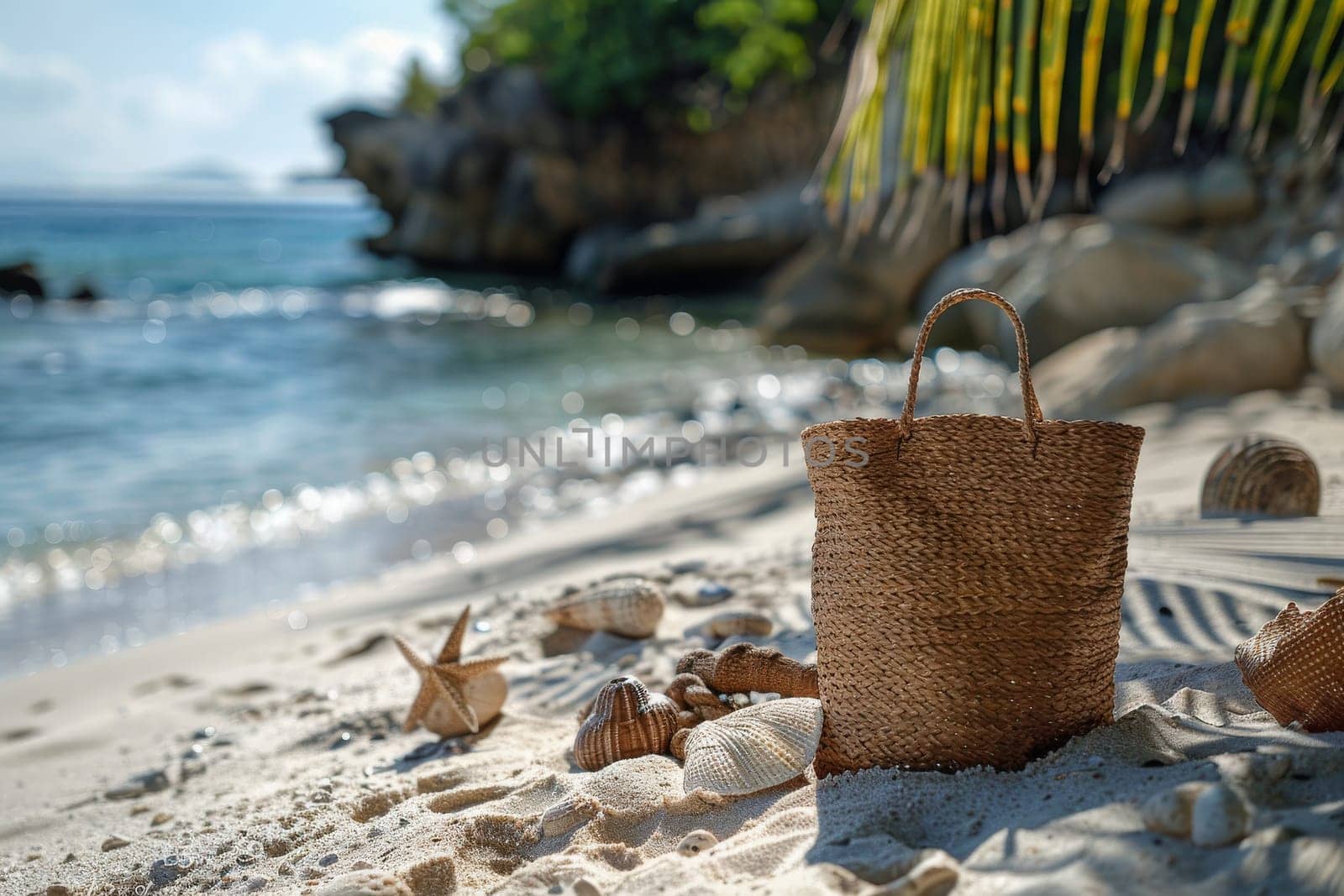 A beach scene with a brown bag on the sand by itchaznong