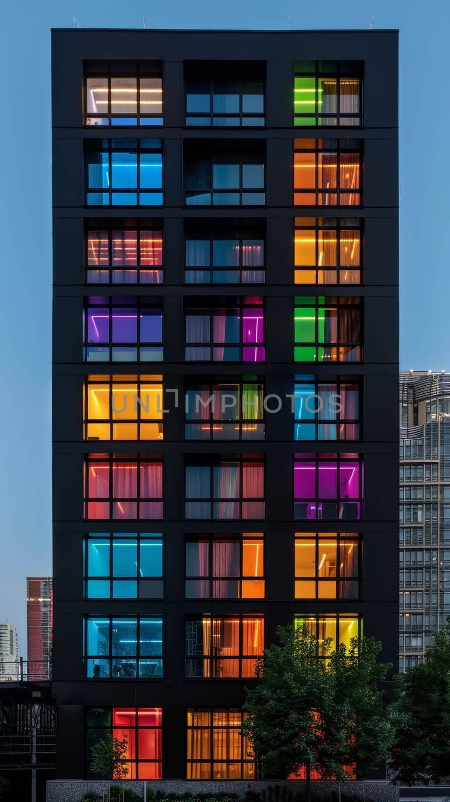 Modern building facade with brightly colored illuminated windows at dusk