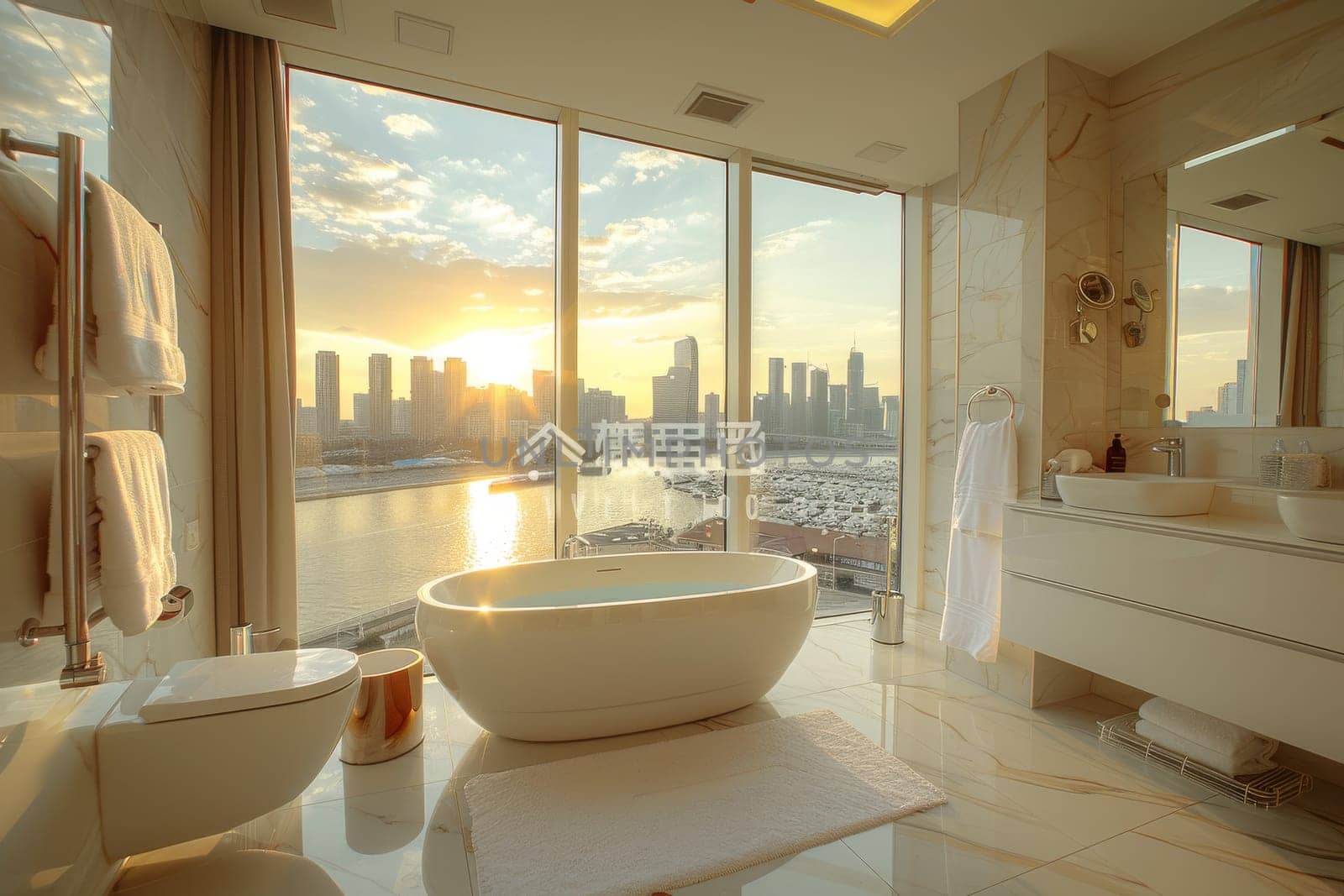 A large white bathtub sits in a bathroom with a view of the city by itchaznong