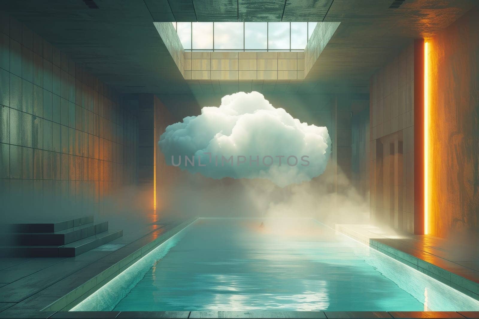 A cloud is floating above a swimming pool. The pool is surrounded by a concrete wall and has a glass ceiling. Scene is serene and peaceful, as the cloud seems to be floating above the water