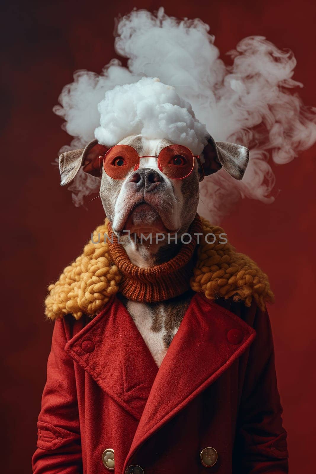 A dog is wearing a red coat and sunglasses and is surrounded by smoke. The dog appears to be posing for a photo, and the smoke adds a dramatic effect to the image