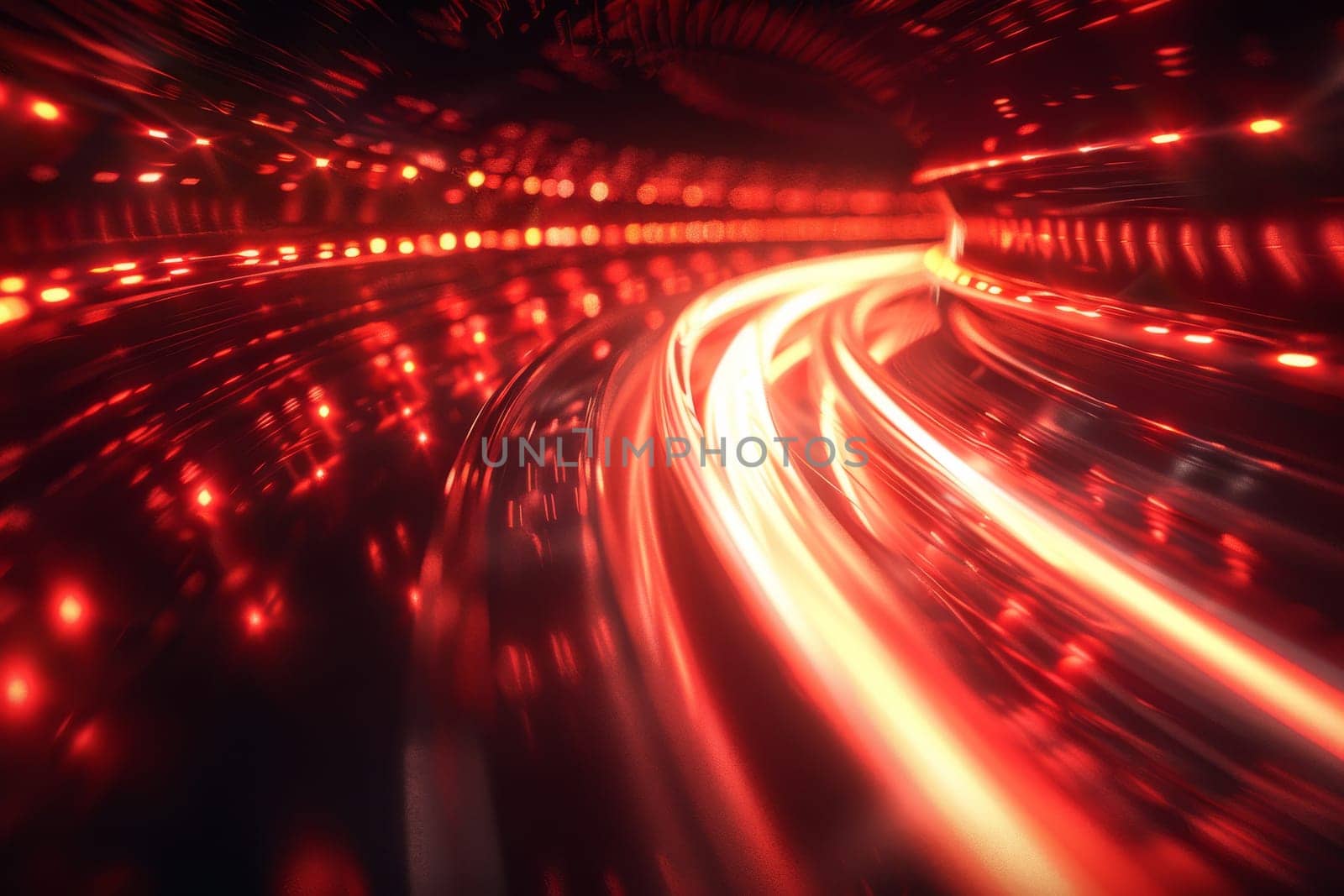 A red tunnel with a bright light shining through it. The tunnel is filled with many lights, creating a sense of movement and energy