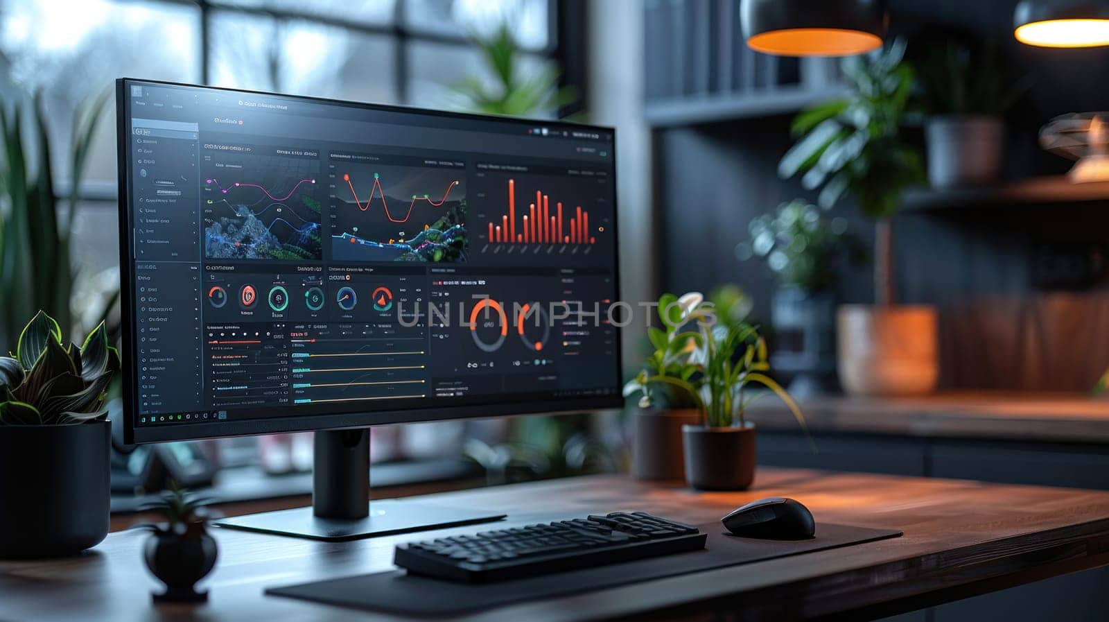 A computer monitor displays a number of graphs and charts.